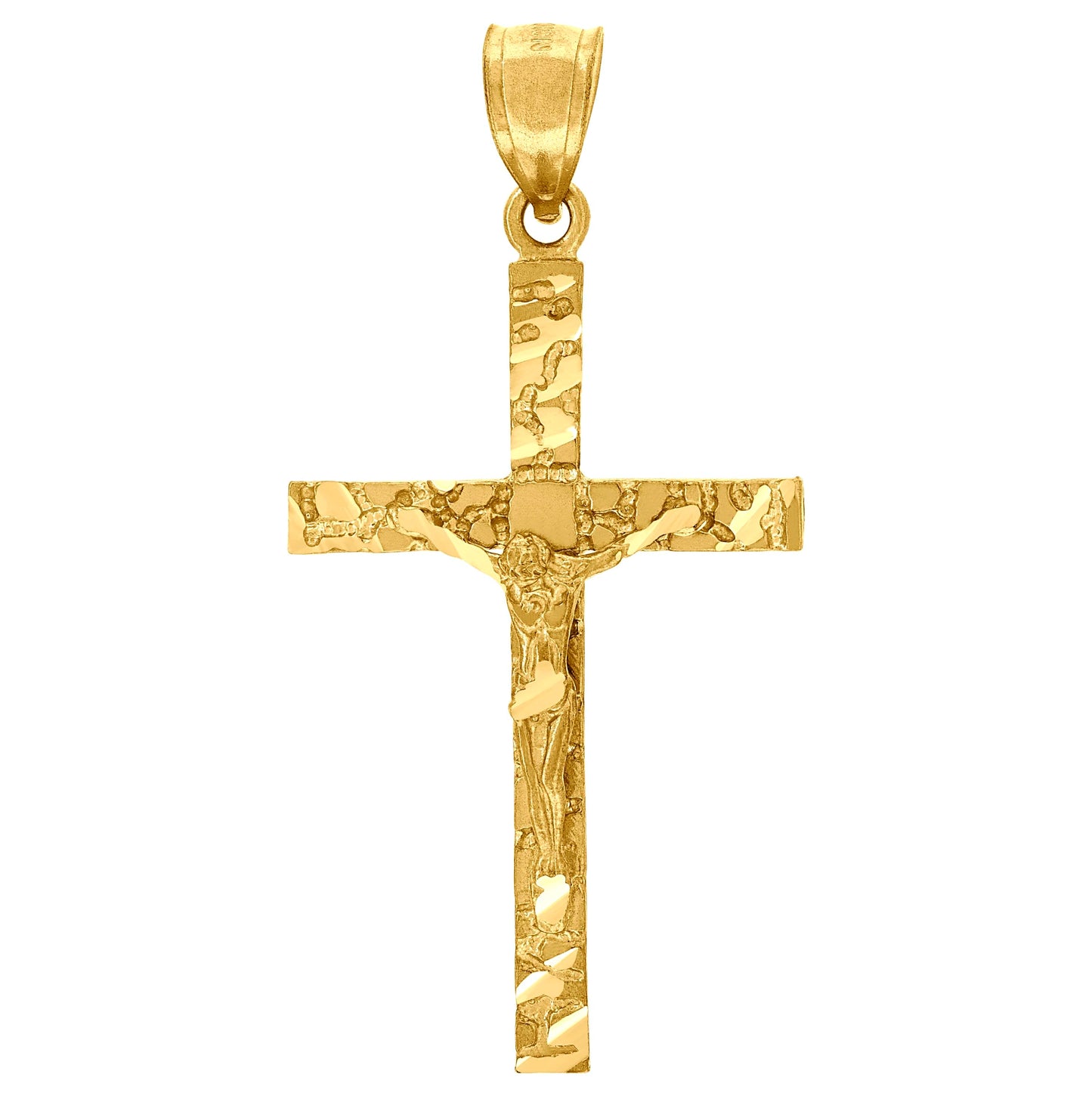 10K Yellow Gold Mens Textured Nugget Crucifix Cross Religious Charm Pendant