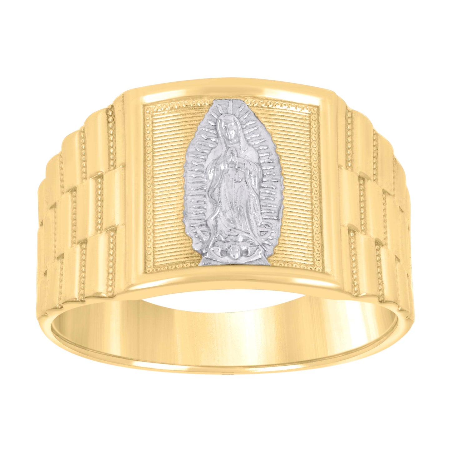 10K Two-Tone Gold Mens Textured Lady Of Guadalupe Religious Ring