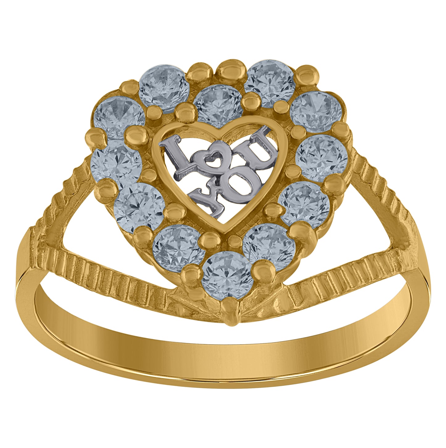 10K Gold Womens Two-Tone Cubic-Zirconia I Love You 1.8mm Heart Band Ring