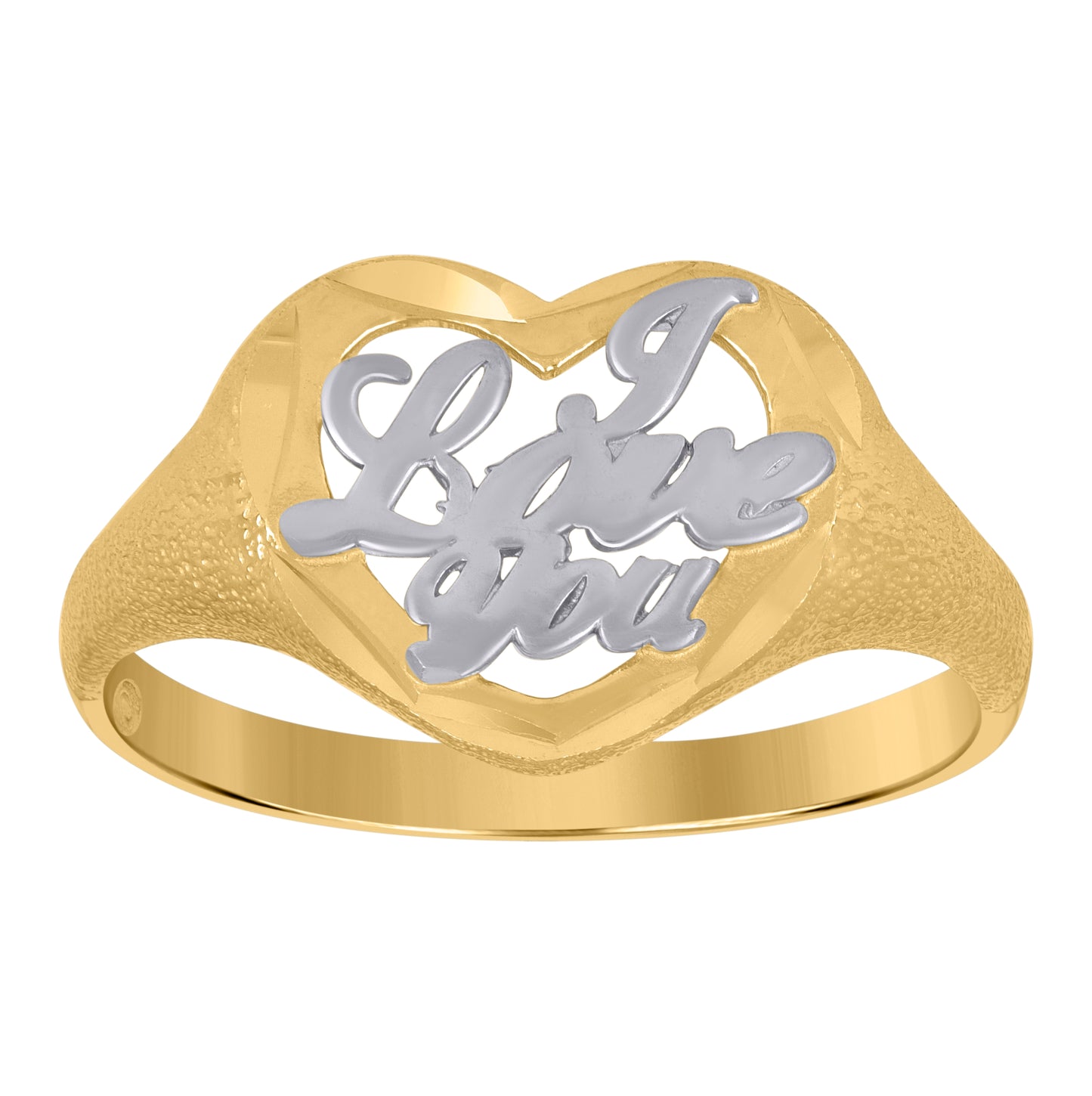 10K Gold Womens Two-Tone Diamond Cut I Love You Heart Band Ring