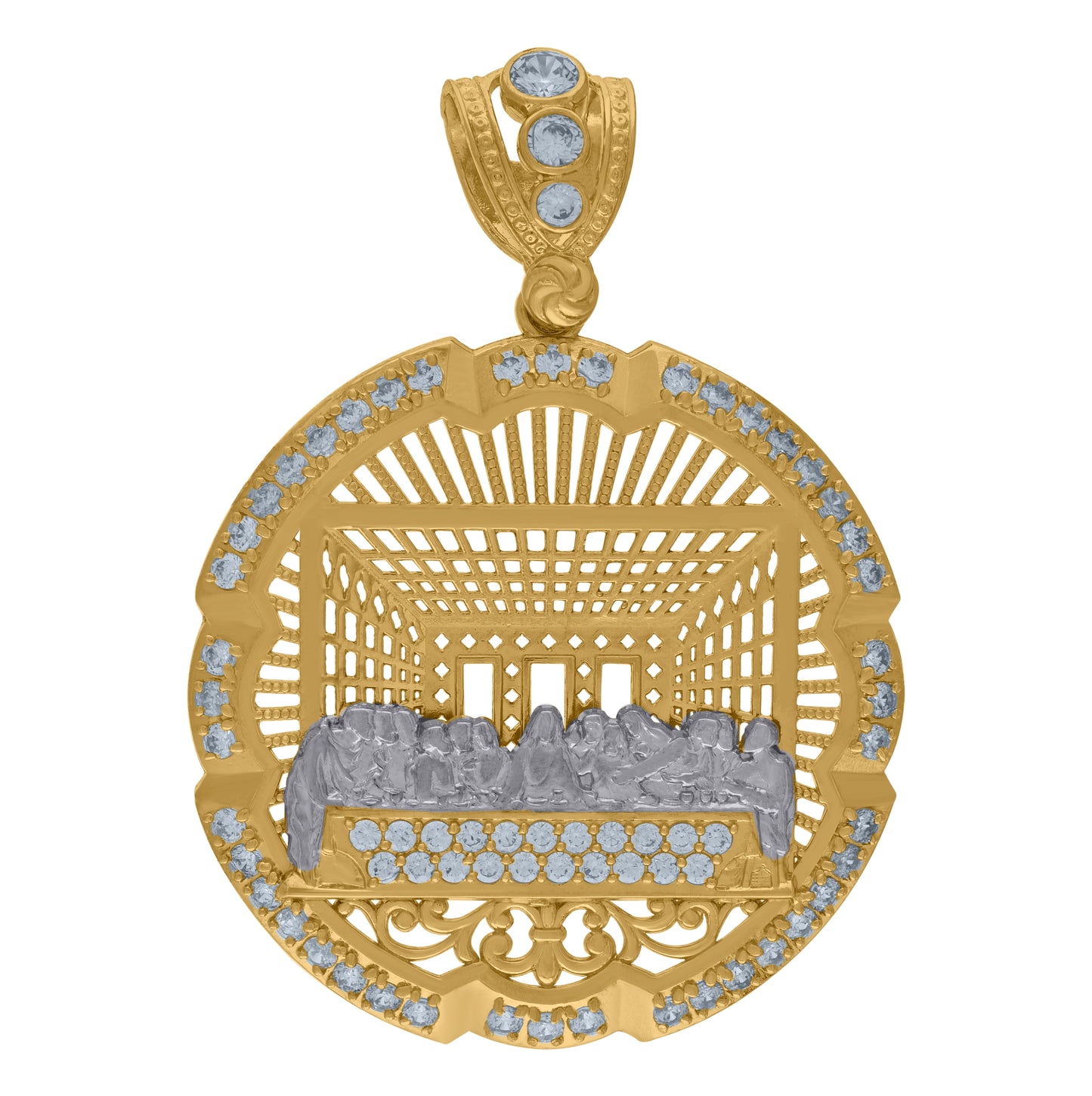 10K Two-Tone Gold Mens Cubic Zirconia Last Supper Medallion Religious Charm Pendant
