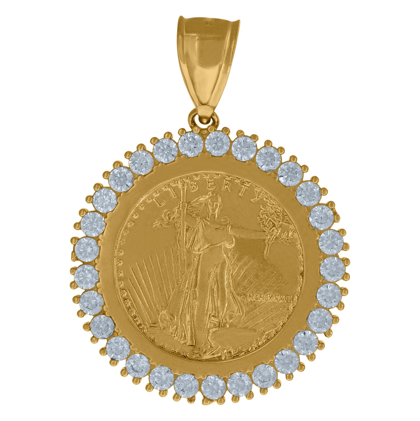 10K Yellow Gold Mens Cubic Zirconia Lady Of Liberty Medallion Charm Pendant