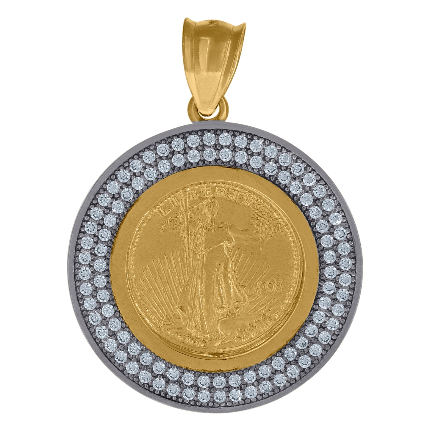 10K Gold Two-Tone Cubic-Zirconia Mens Lady Liberty Medallion Charm Pendant