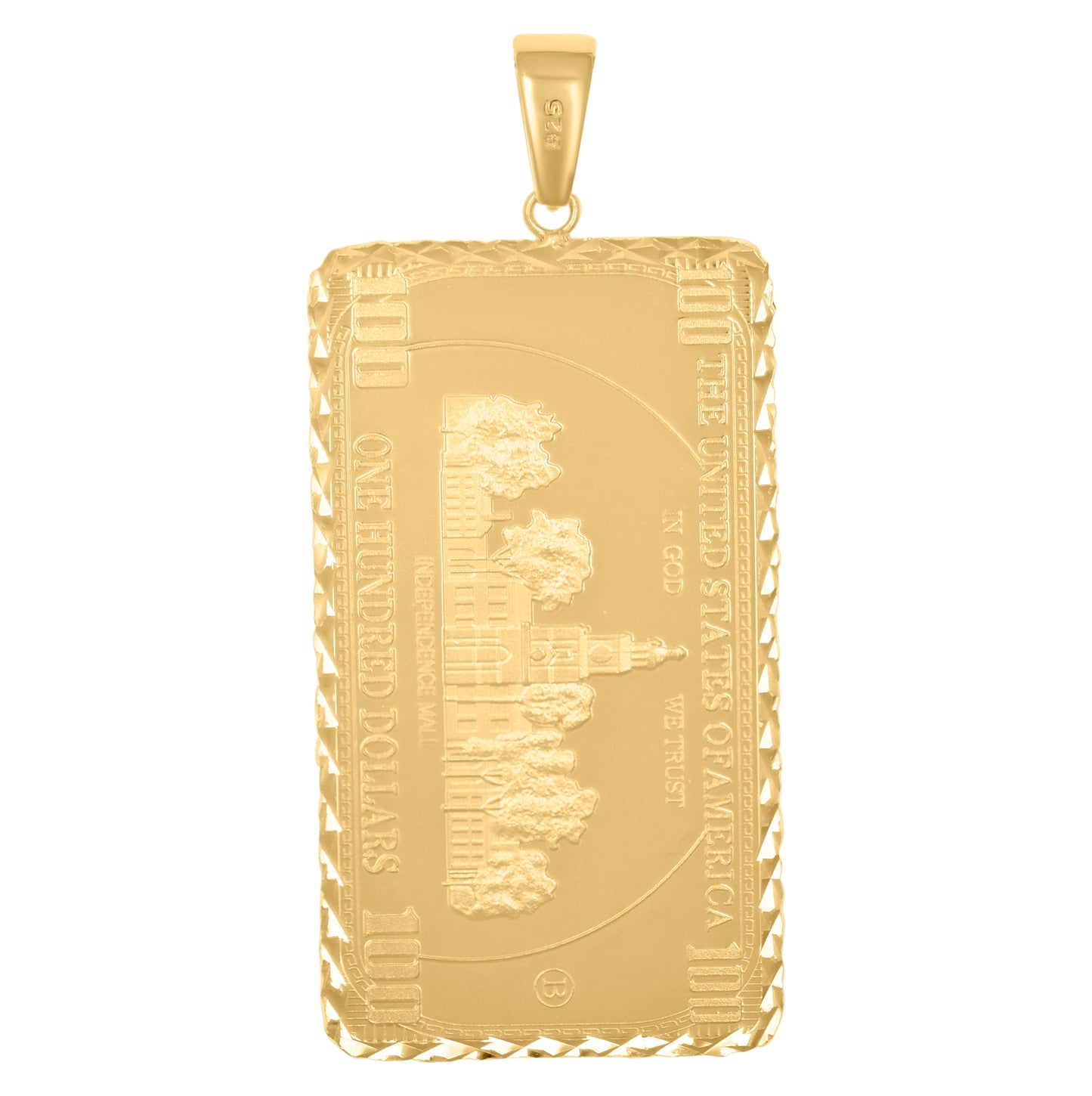 Sterling Silver Yellow-tone Mens Cubic-Zirconia 100 Dollar Bill Currency Fashion Charm Pendant