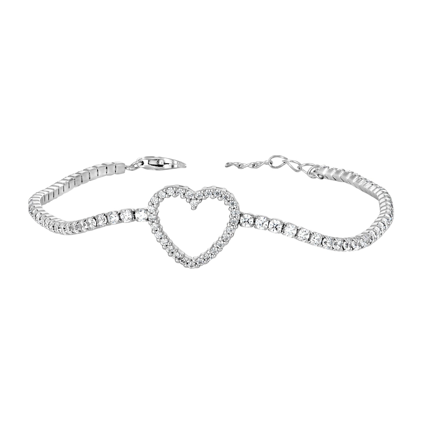 Sterling Silver Womens Cubic Zirconia Heart Bracelet