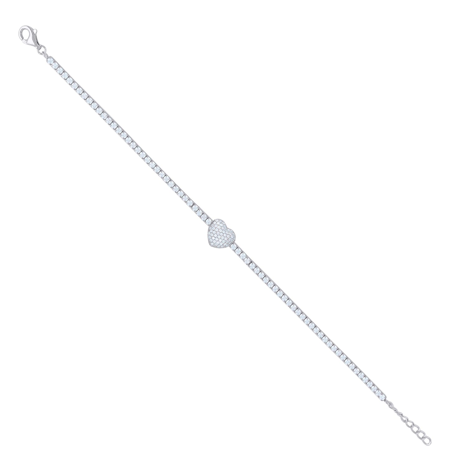 Sterling Silver Womens Cubic Zirconia Box Chain Heart Bracelet