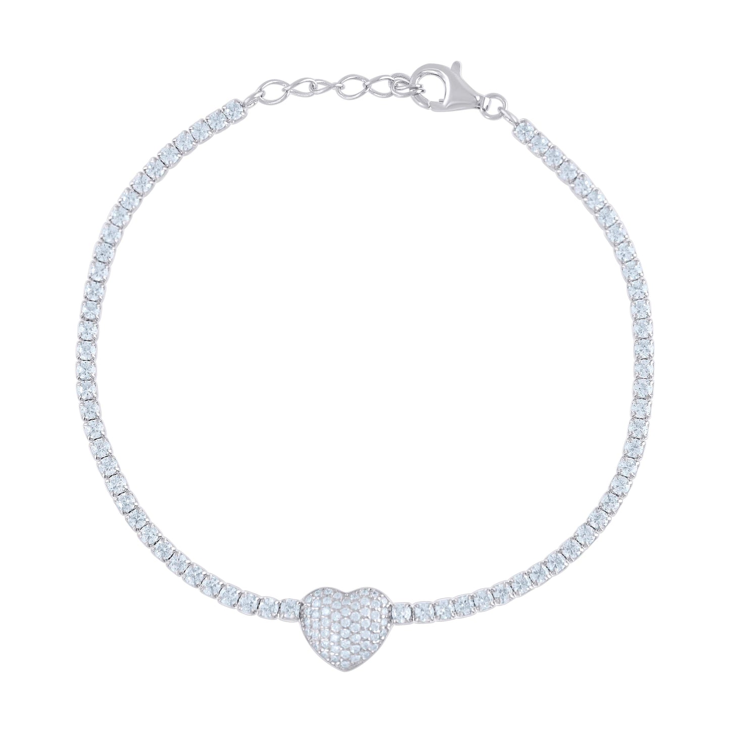 Sterling Silver Womens Cubic Zirconia Box Chain Heart Bracelet