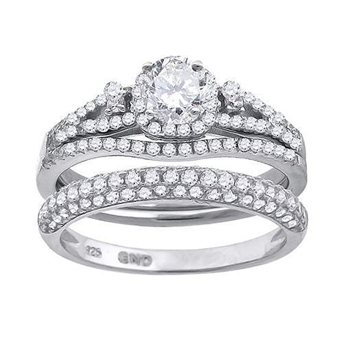 Sterling Silver Cubic Zirconia Halo Bridal Anniversary Engagement Wedding Trio Set Ring
