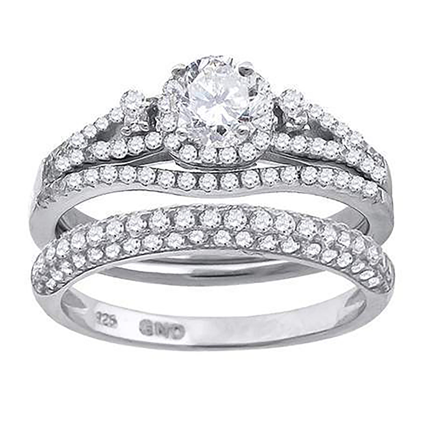 Sterling Silver Cubic Zirconia Halo Bridal Anniversary Engagement Wedding Trio Set Ring