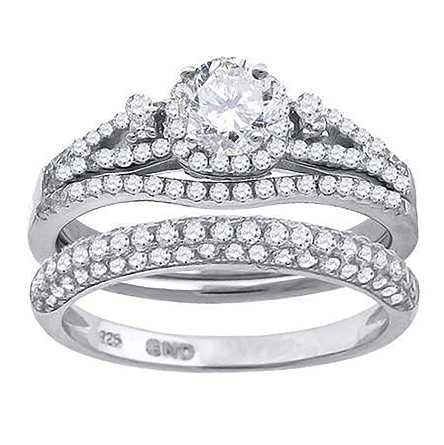 Sterling Silver Cubic Zirconia Halo Bridal Anniversary Engagement Wedding Trio Set Ring
