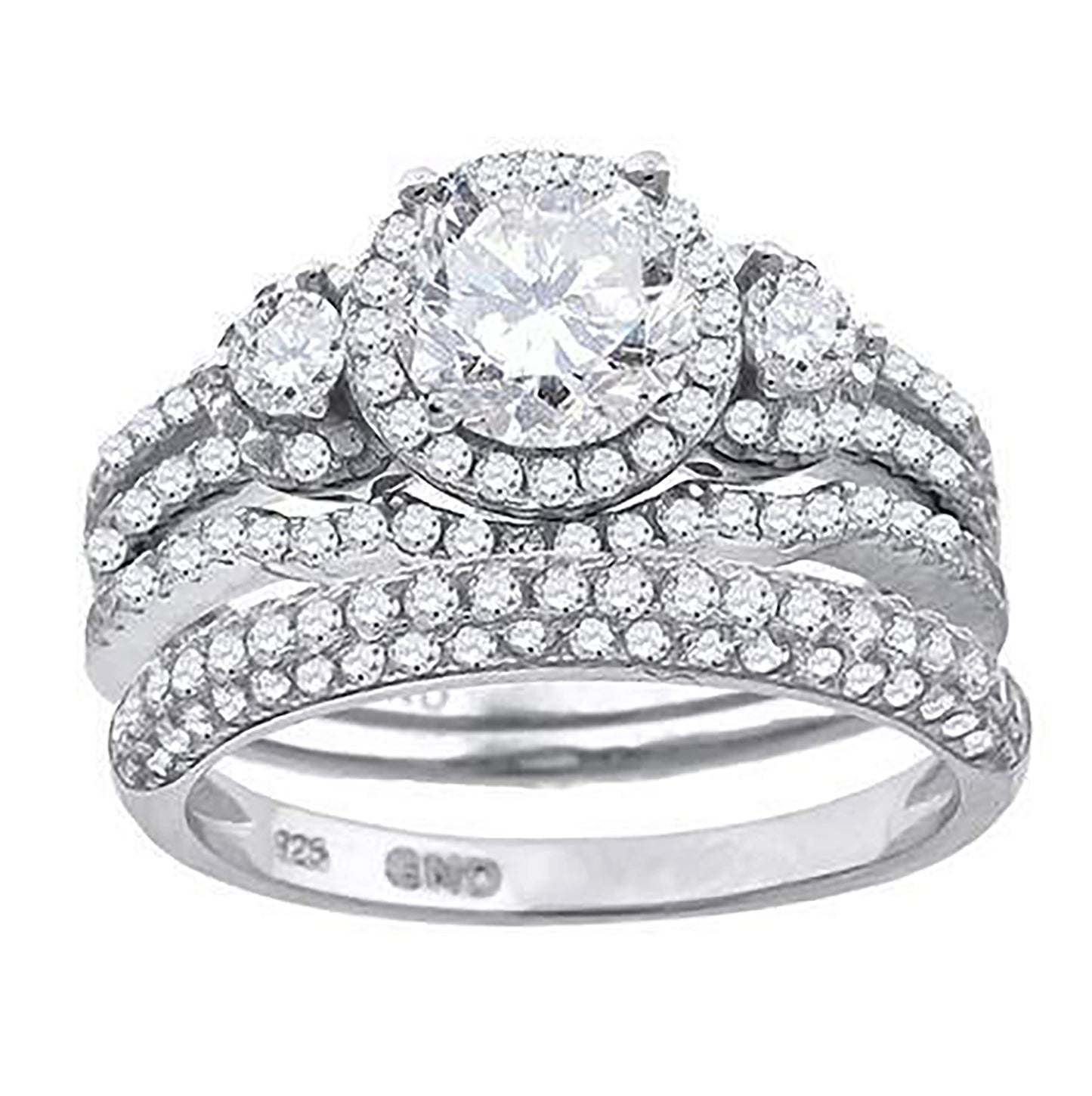 Sterling Silver Cubic Zirconia Halo Bridal Anniversary Engagement Wedding Trio Set Ring