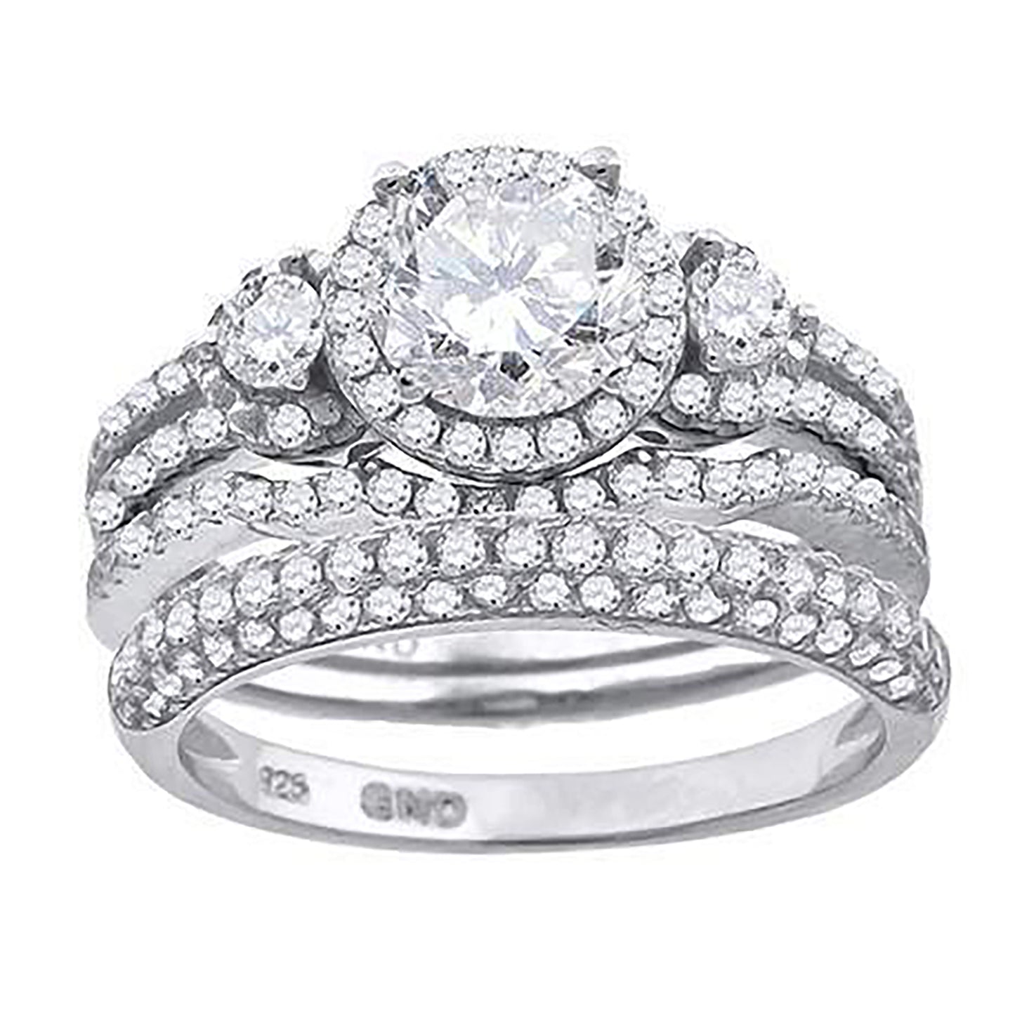 Sterling Silver Cubic Zirconia Halo Bridal Anniversary Engagement Wedding Trio Set Ring
