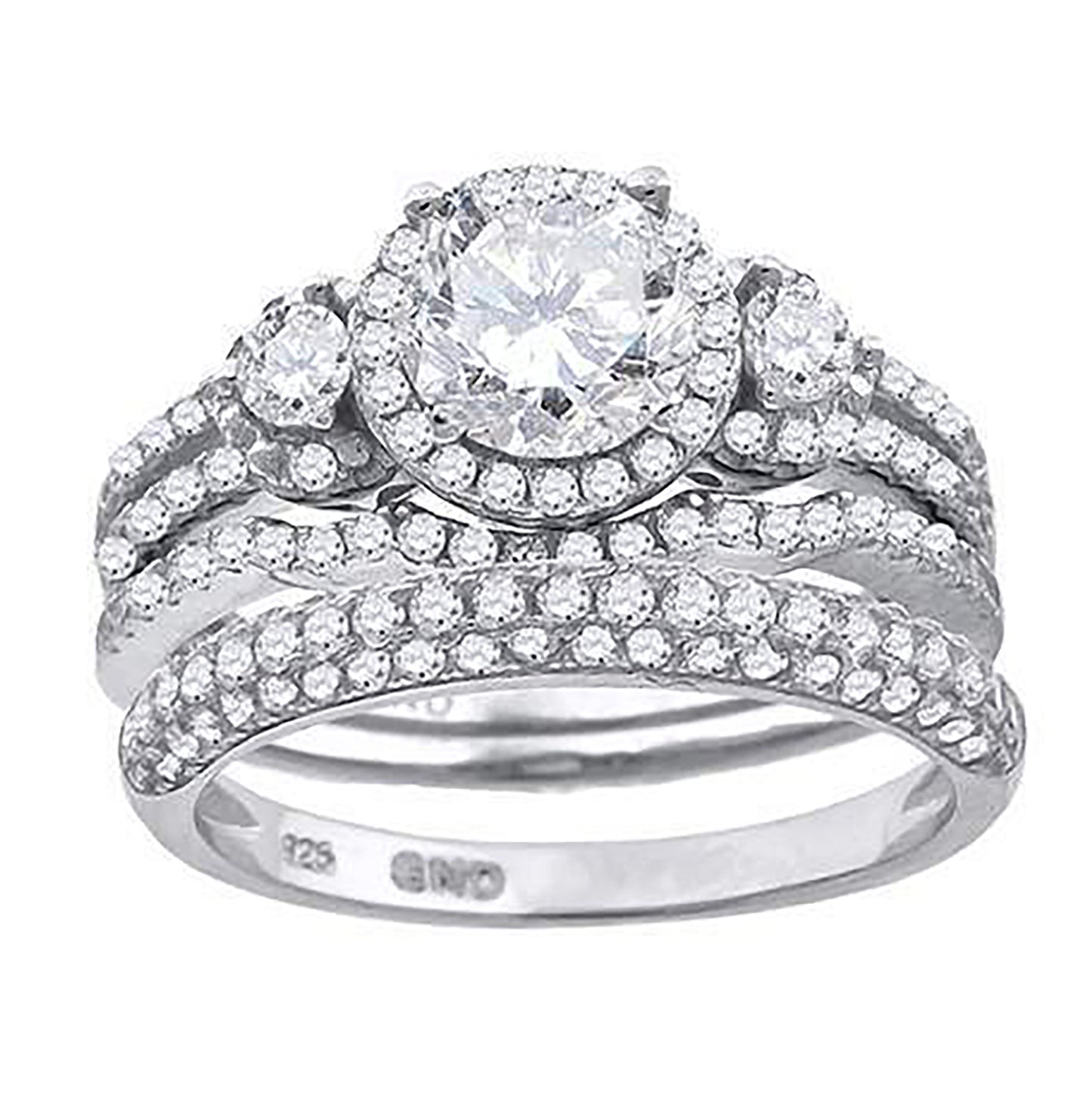 Sterling Silver Cubic Zirconia Halo Bridal Anniversary Engagement Wedding Trio Set Ring