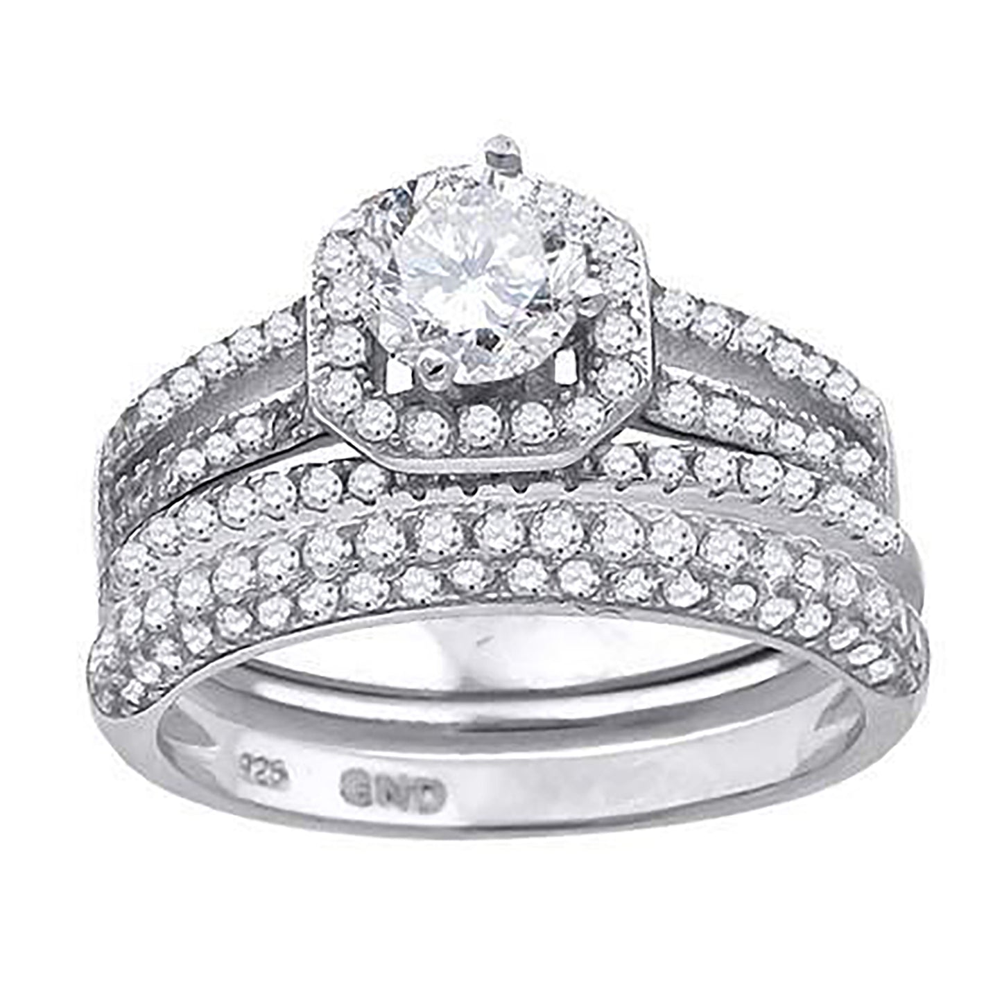 Sterling Silver Cubic Zirconia Halo Bridal Anniversary Engagement Wedding Trio Set Ring