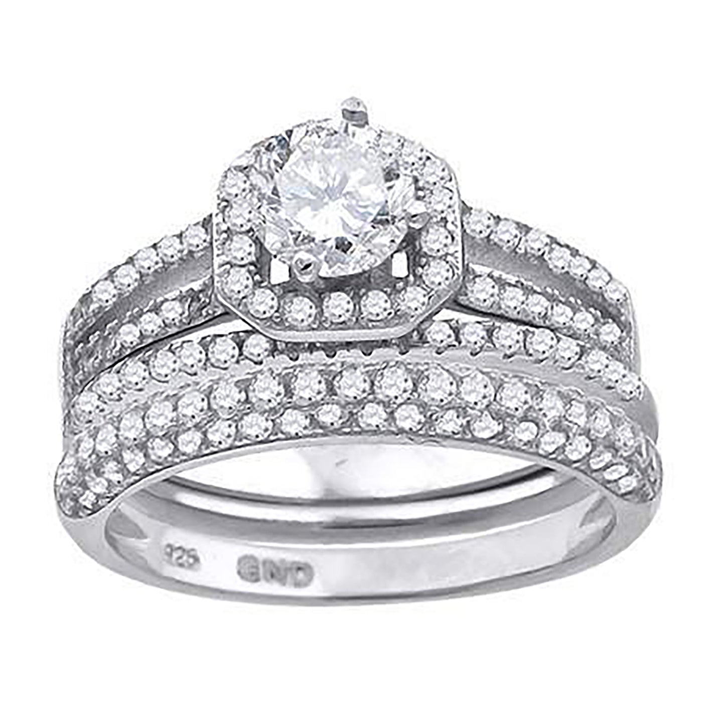 Sterling Silver Cubic Zirconia Halo Bridal Anniversary Engagement Wedding Trio Set Ring