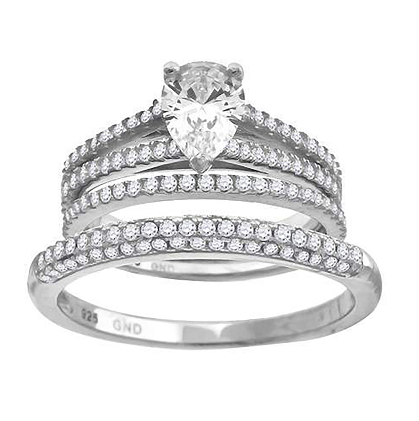Sterling Silver Cubic Zirconia Pear Bridal Anniversary Engagement Wedding Trio Set Ring