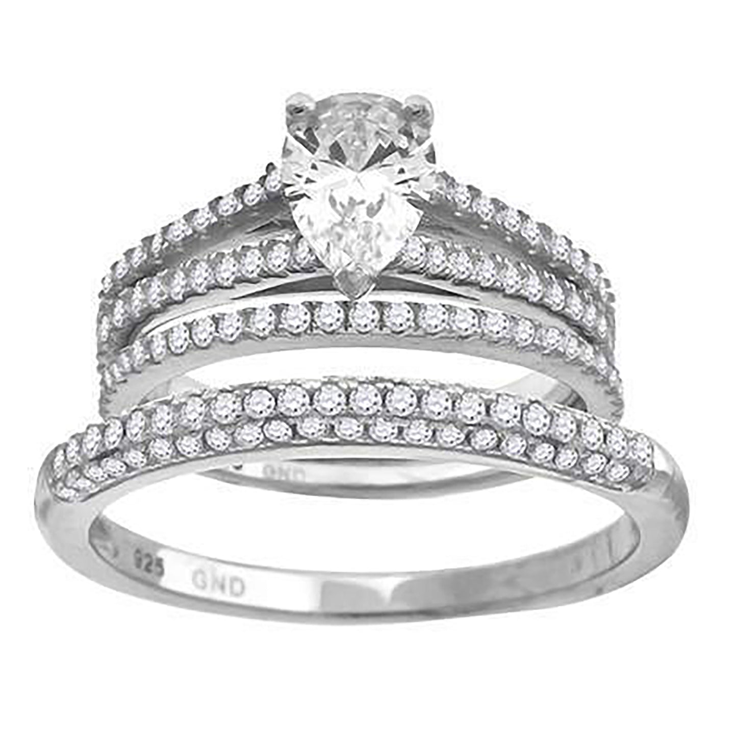 Sterling Silver Cubic Zirconia Pear Bridal Anniversary Engagement Wedding Trio Set Ring