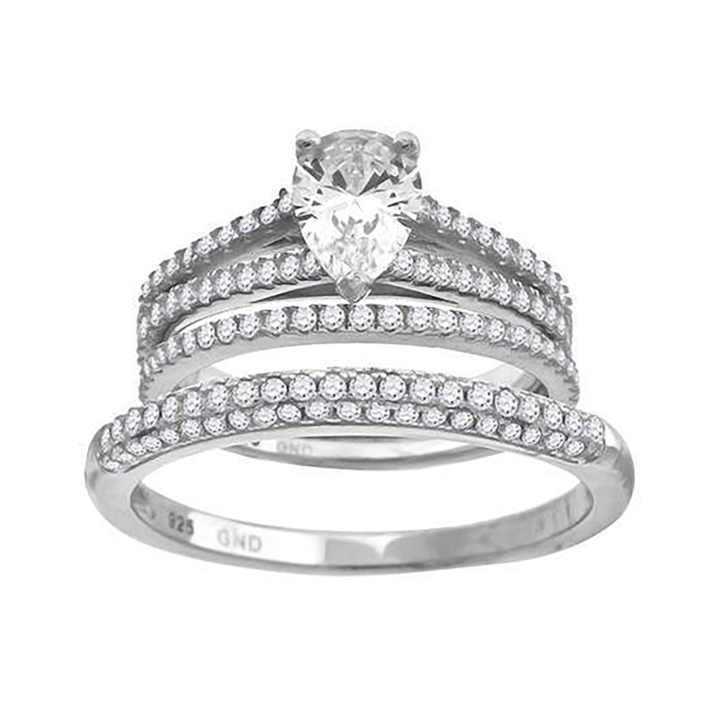 Sterling Silver Cubic Zirconia Pear Bridal Anniversary Engagement Wedding Trio Set Ring