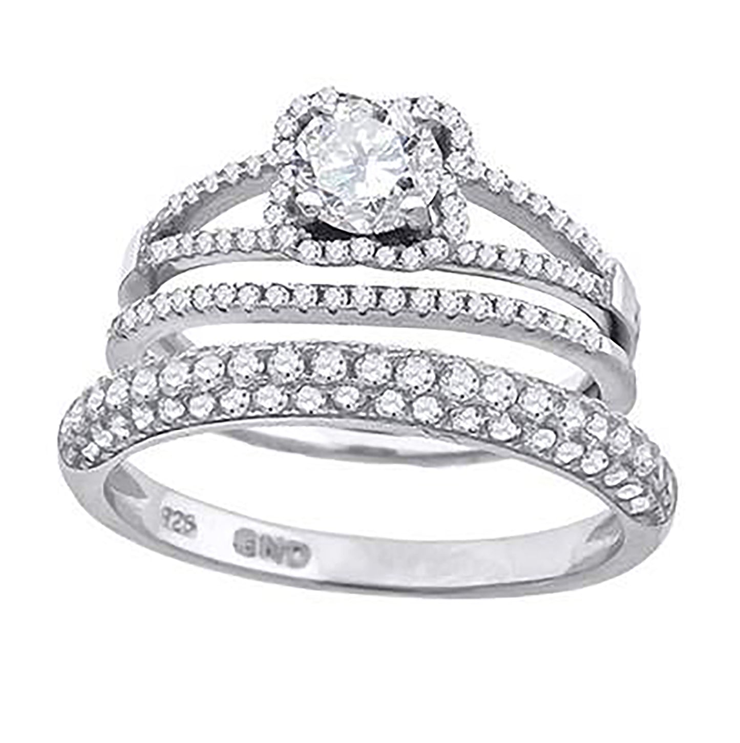 Sterling Silver Cubic Zirconia Floral Halo Bridal Anniversary Engagement Wedding Trio Set Ring