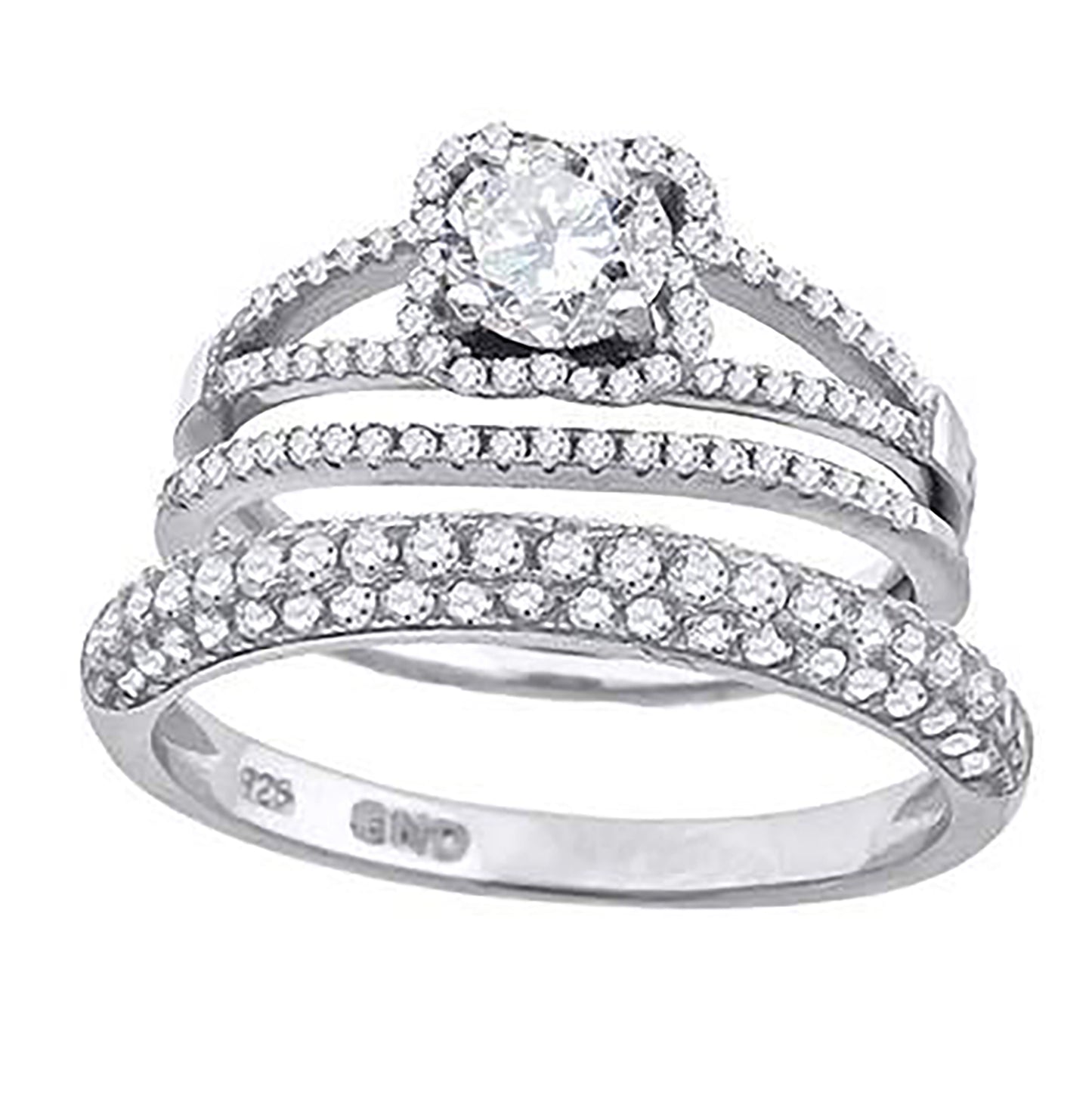 Sterling Silver Cubic Zirconia Floral Halo Bridal Anniversary Engagement Wedding Trio Set Ring