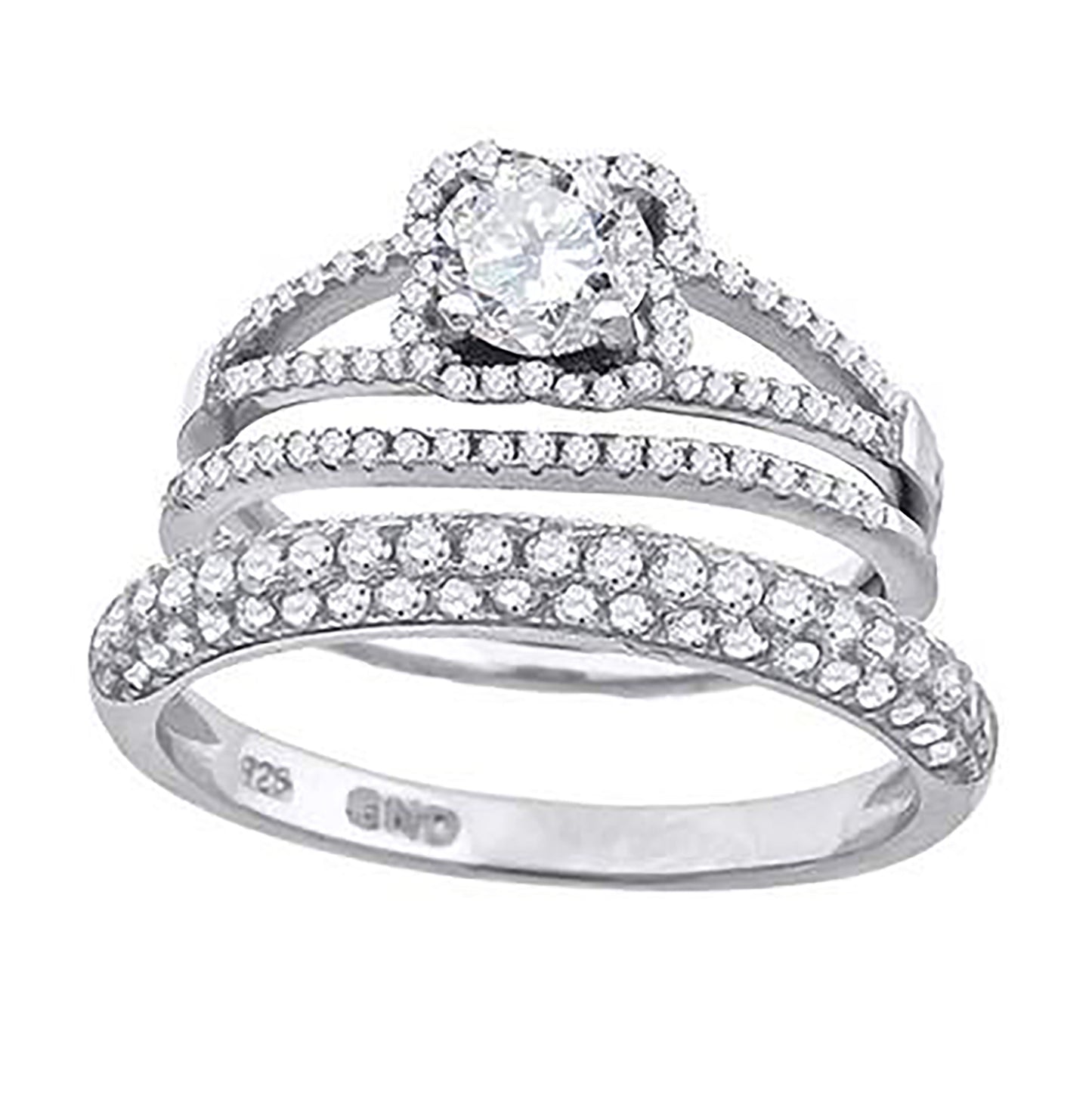 Sterling Silver Cubic Zirconia Floral Halo Bridal Anniversary Engagement Wedding Trio Set Ring