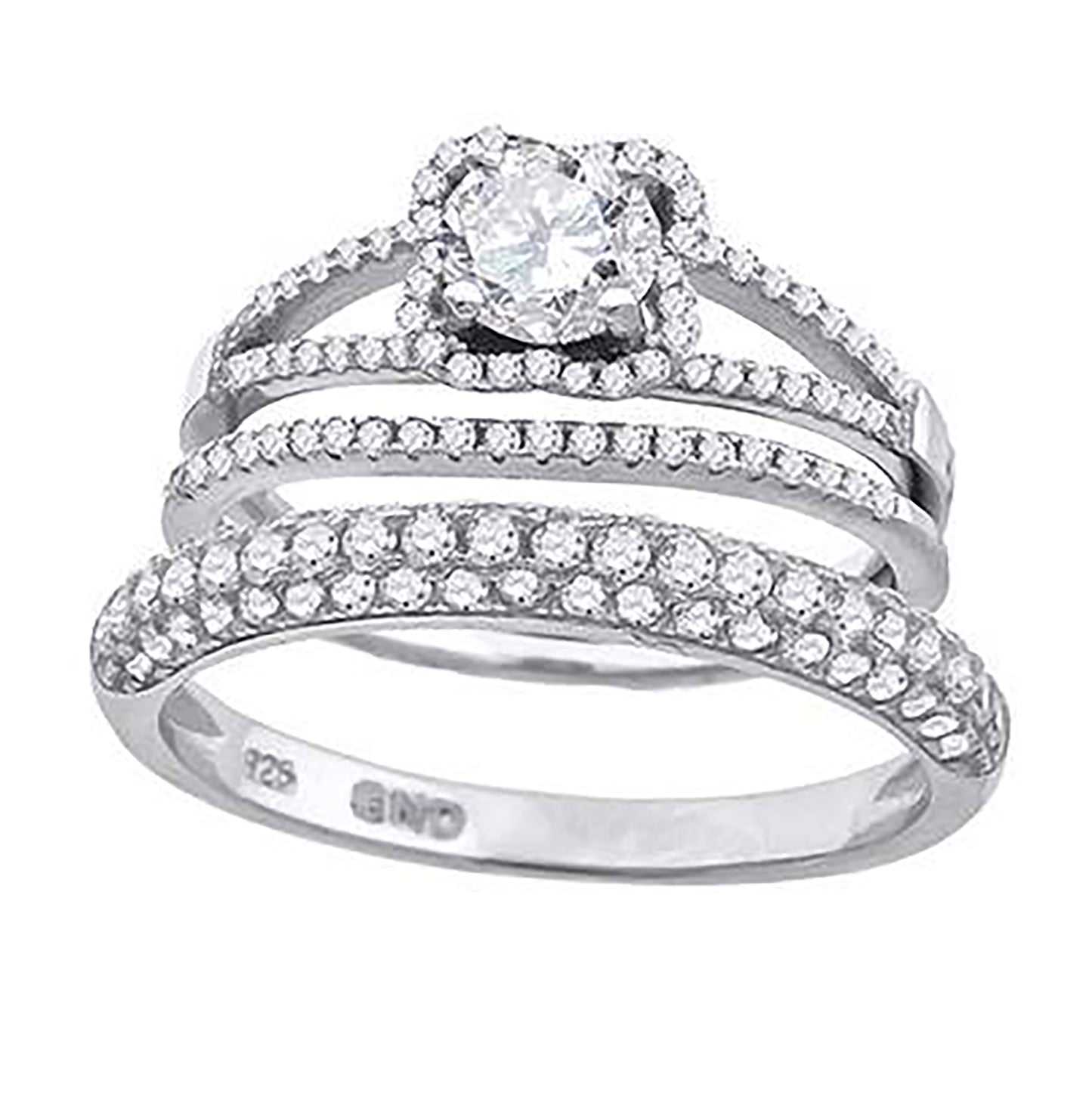 Sterling Silver Cubic Zirconia Floral Halo Bridal Anniversary Engagement Wedding Trio Set Ring