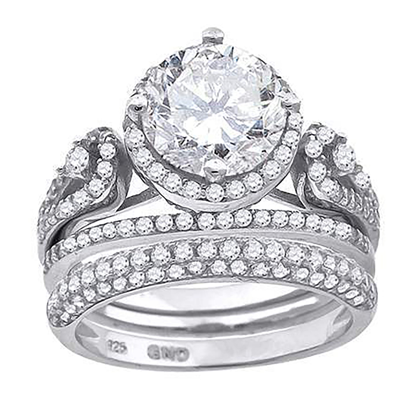 Sterling Silver Cubic Zirconia Halo Bridal Anniversary Engagement Wedding Trio Set Ring