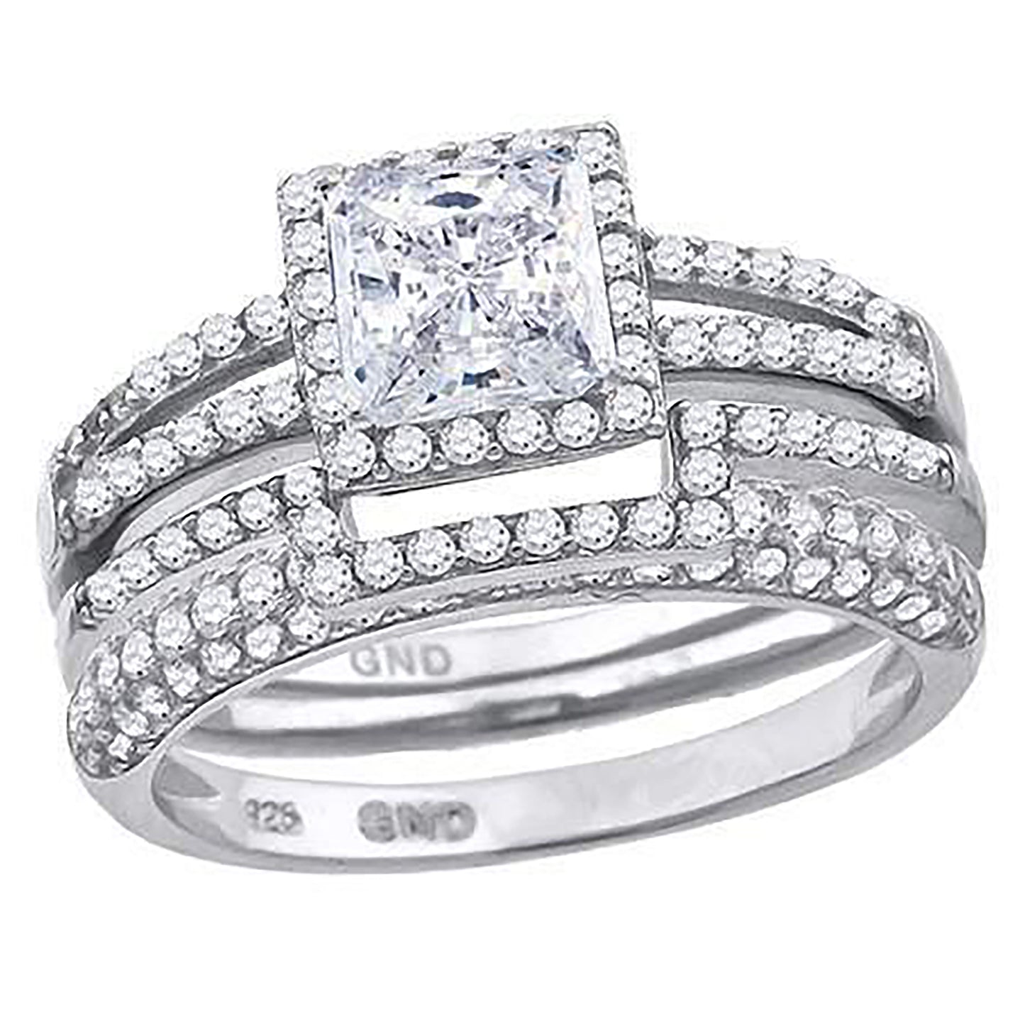 Sterling Silver Cubic Zirconia Halo Bridal Anniversary Engagement Wedding Trio Set Ring