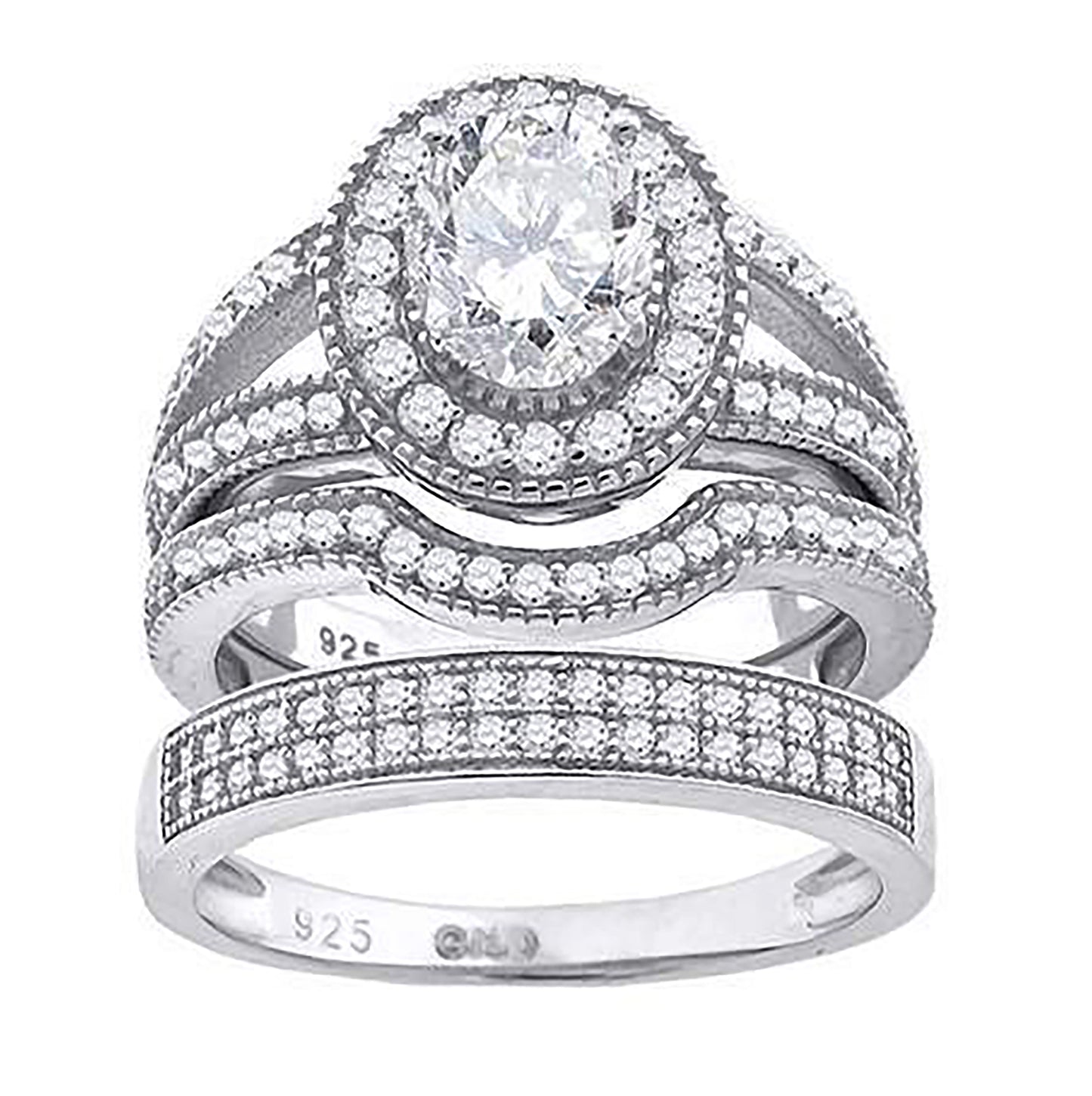 Sterling Silver Cubic Zirconia Halo Trio Bridal Anniversary Wedding Engagement Band Ring Set