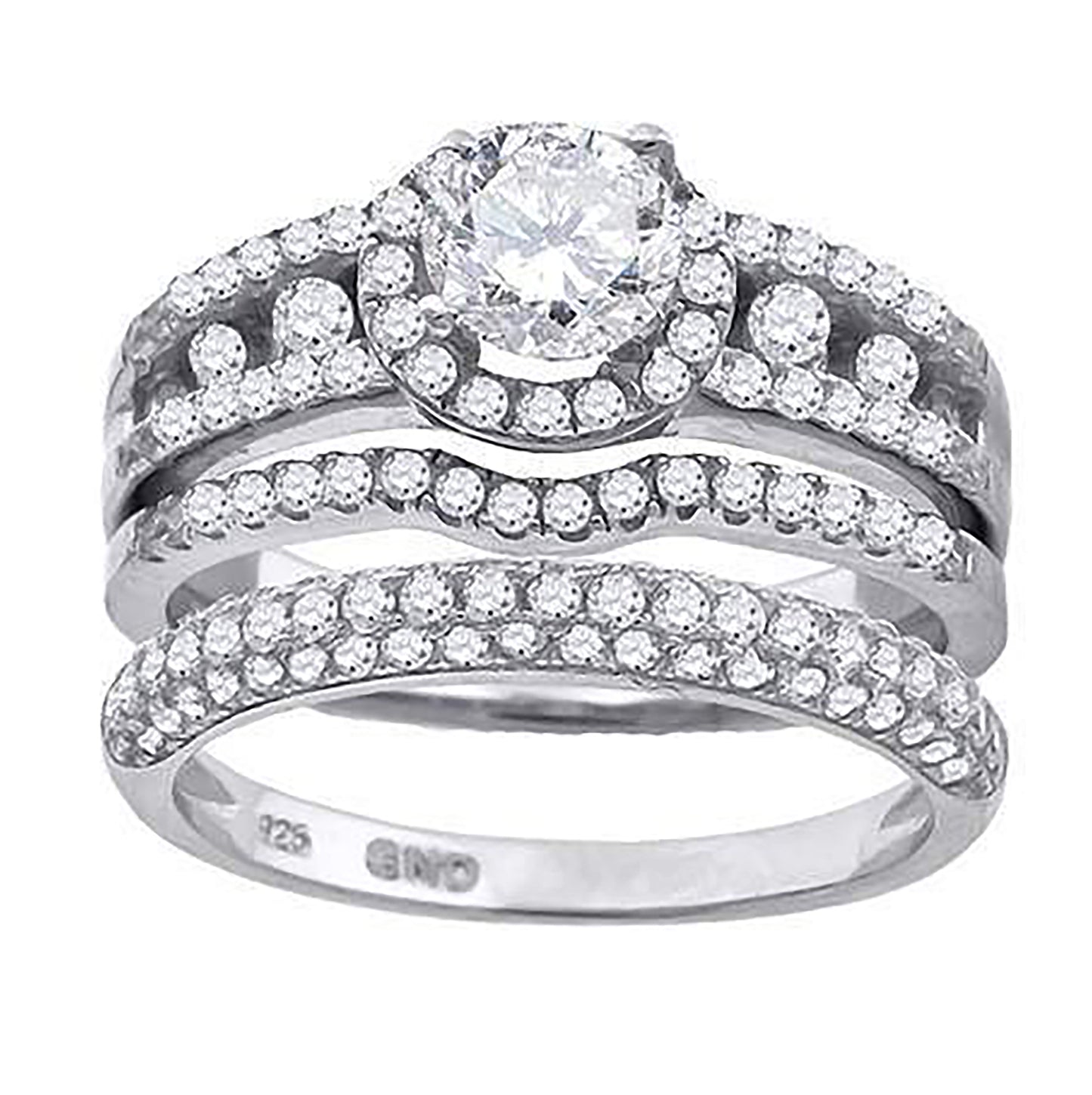 Sterling Silver Cubic Zirconia Halo Trio Bridal Anniversary Wedding Engagement Band Ring Set
