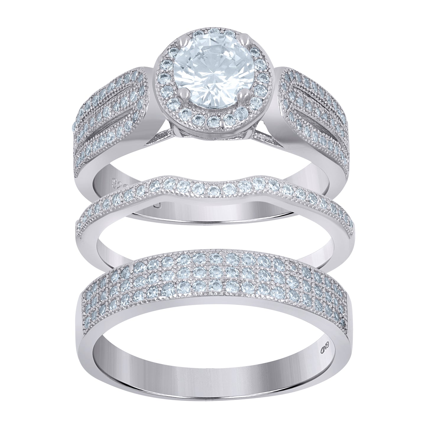 Sterling Silver Cubic Zirconia Halo Trio Bridal Anniversary Wedding Engagement Band Ring Set