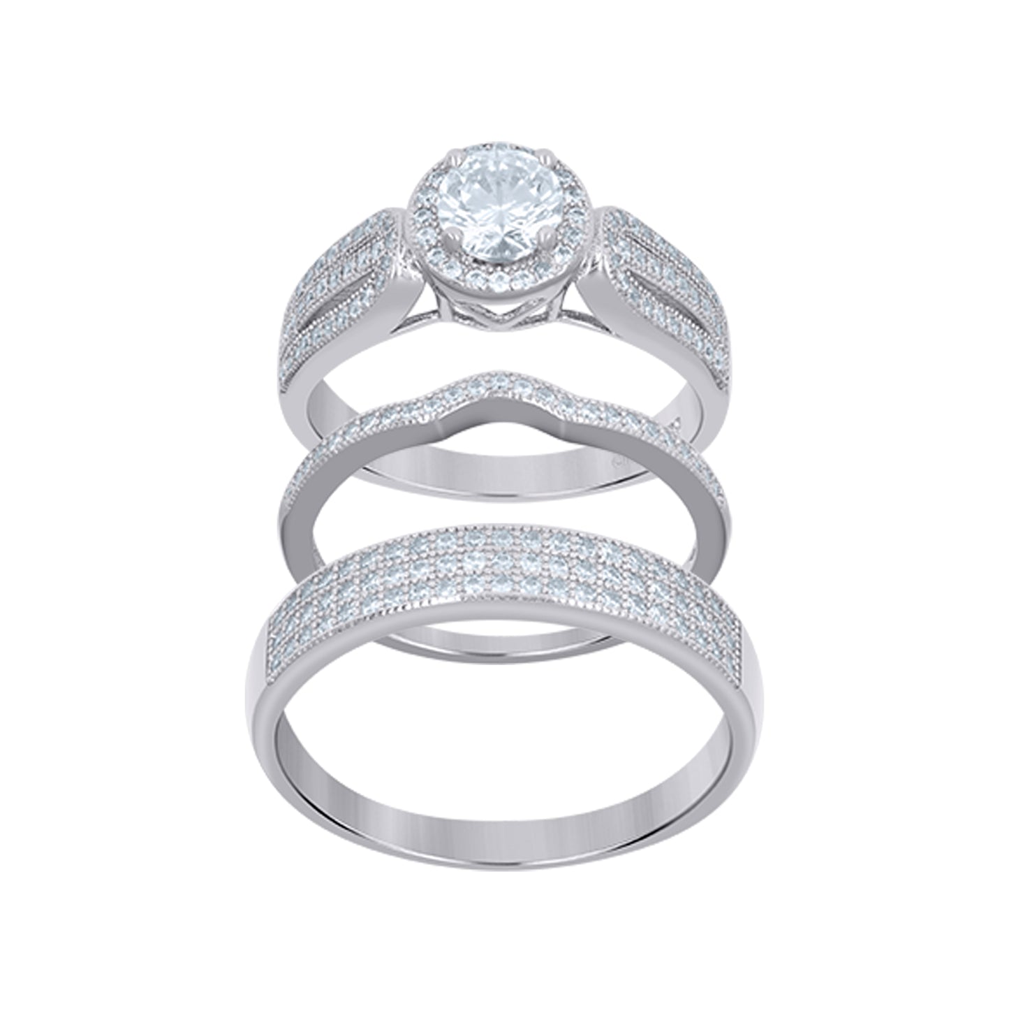 Sterling Silver Cubic Zirconia Halo Trio Bridal Anniversary Wedding Engagement Band Ring Set