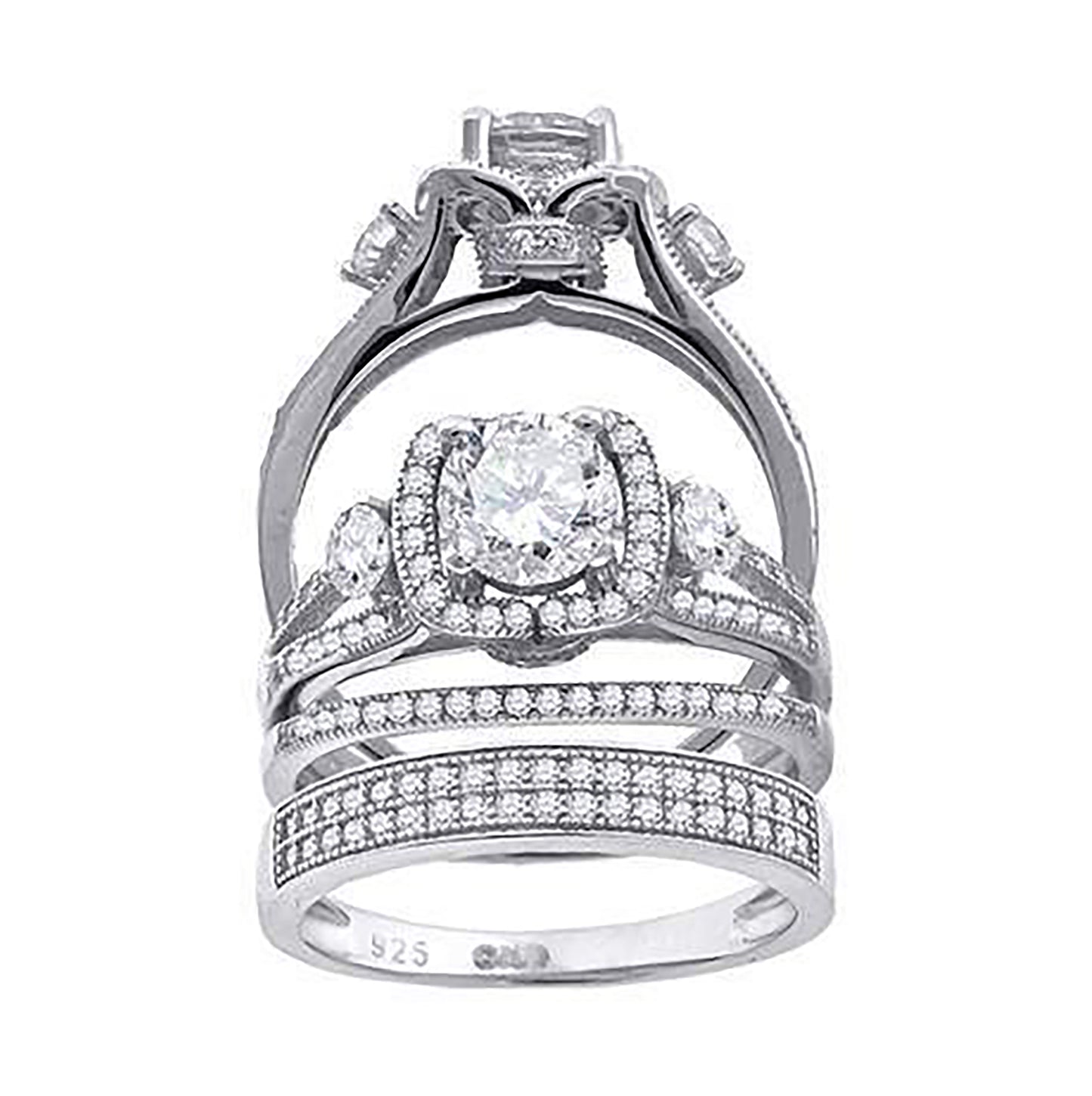 Sterling Silver Cubic Zirconia Trio Bridal Anniversary Wedding Engagement Band Ring Set