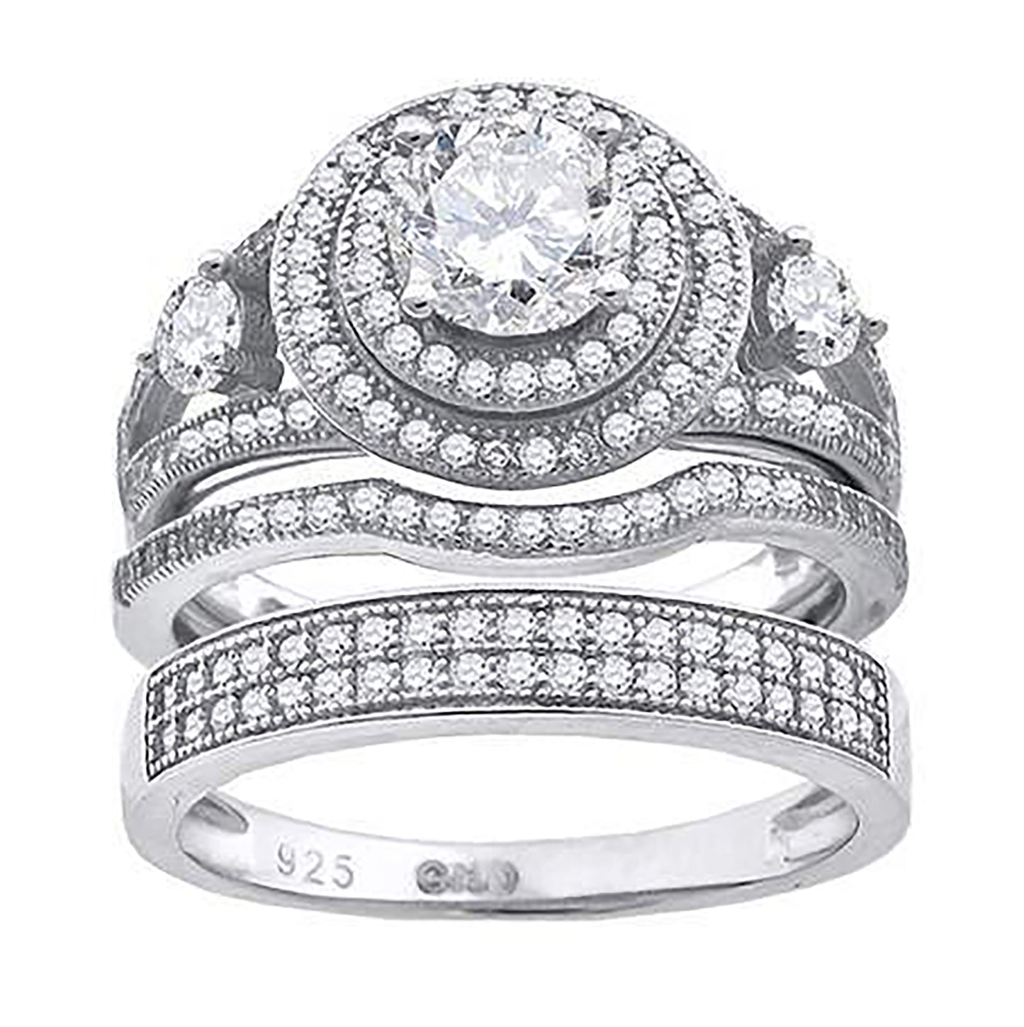 Sterling Silver Cubic Zirconia Trio Bridal Anniversary Wedding Engagement Band Ring Set
