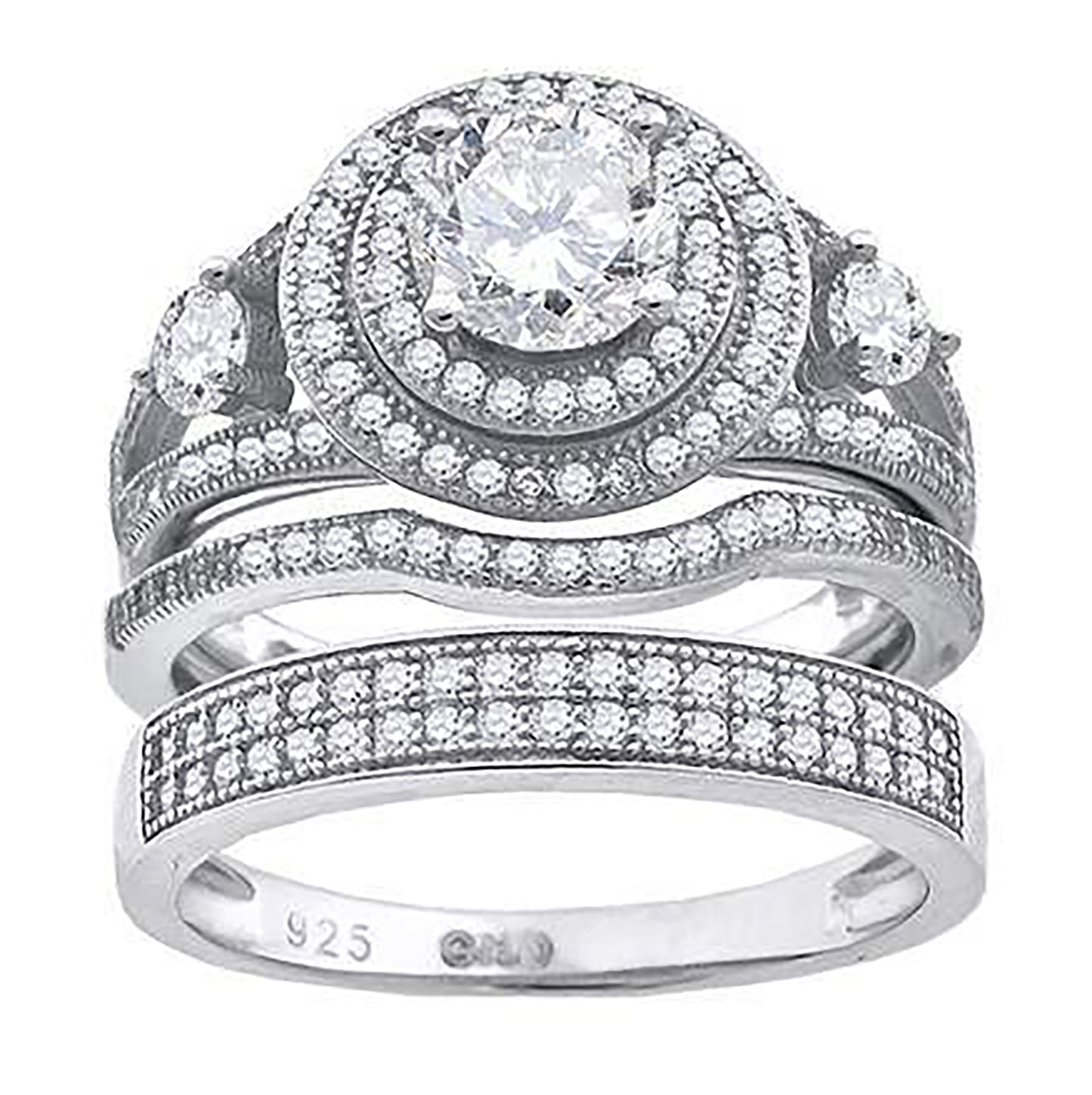 Sterling Silver Cubic Zirconia Trio Bridal Anniversary Wedding Engagement Band Ring Set