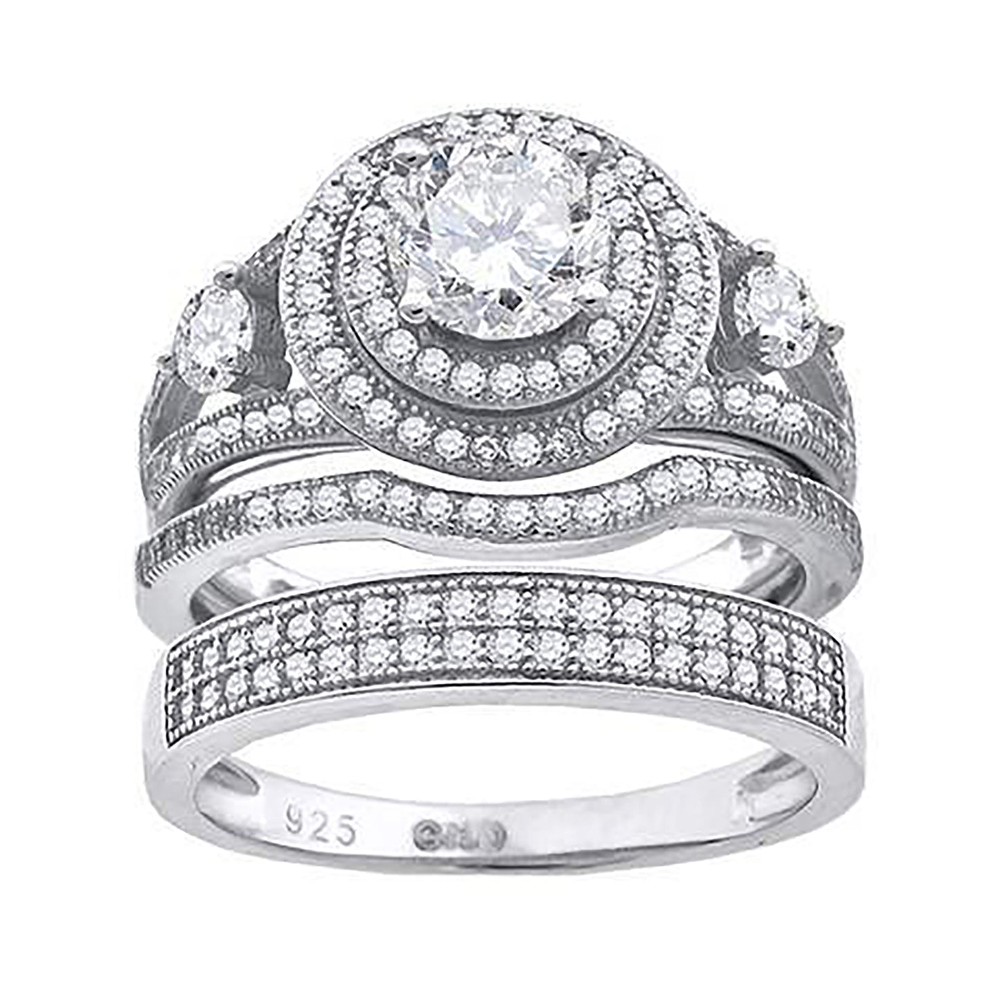 Sterling Silver Cubic Zirconia Trio Bridal Anniversary Wedding Engagement Band Ring Set