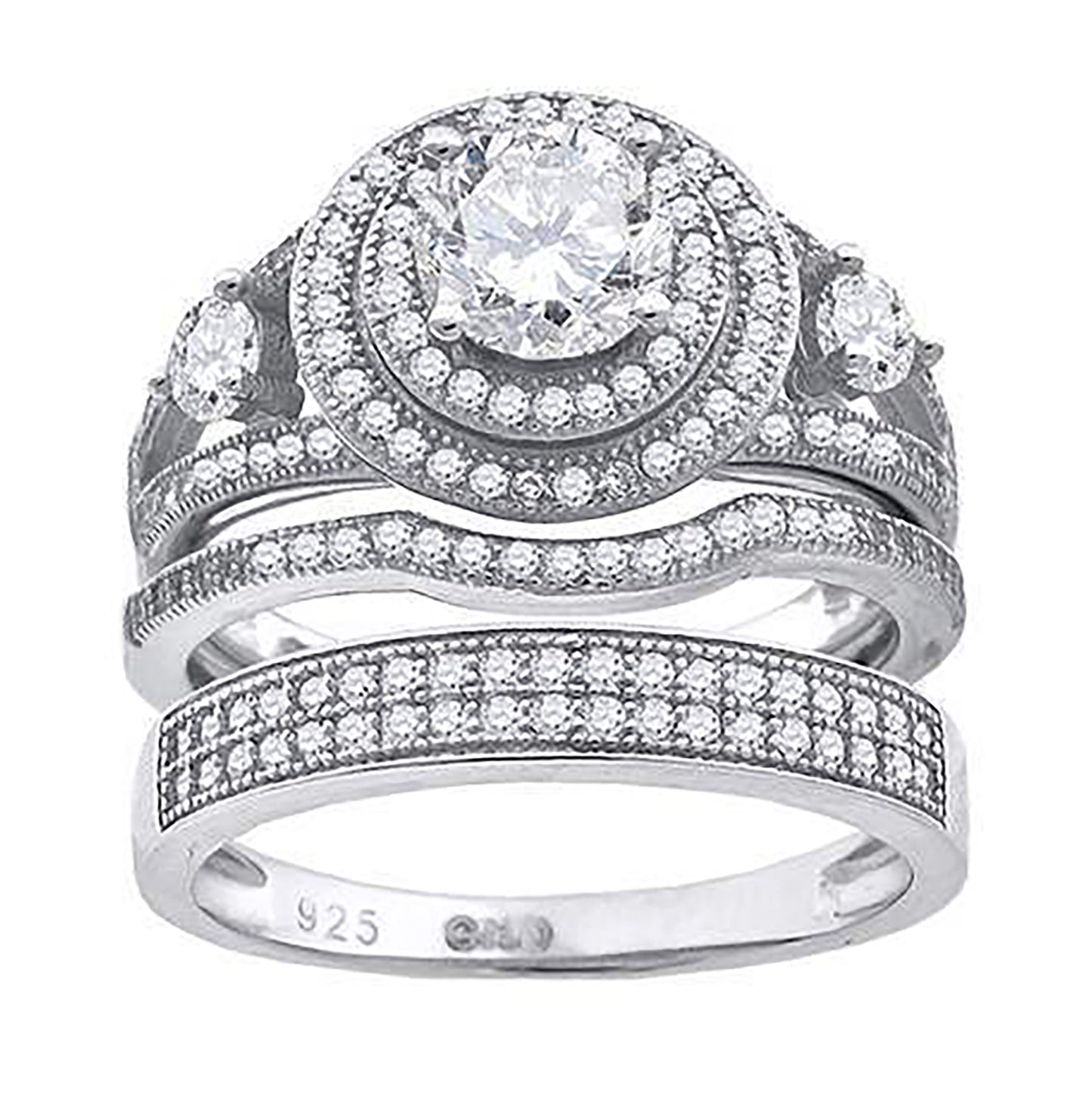 Sterling Silver Cubic Zirconia Trio Bridal Anniversary Wedding Engagement Band Ring Set