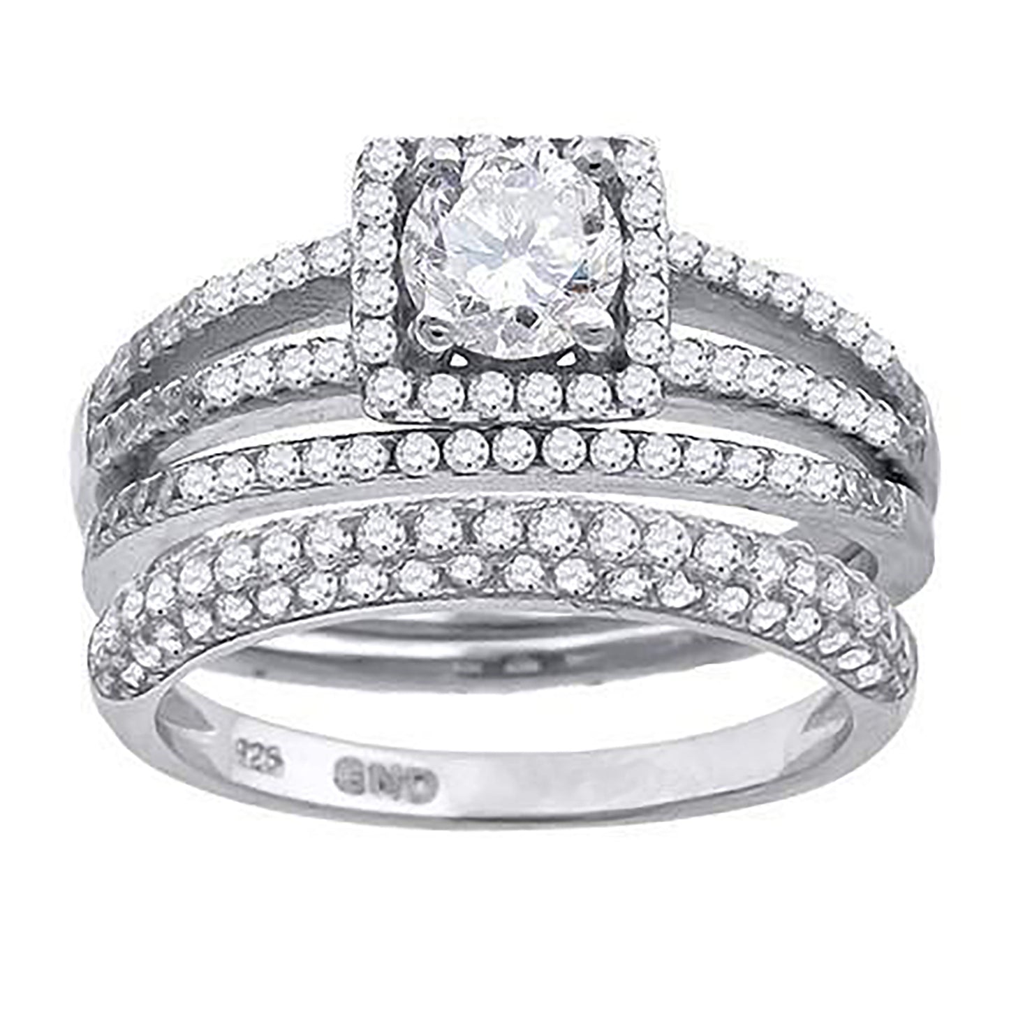 Sterling Silver Cubic Zirconia Trio Bridal Anniversary Wedding Engagement Band Ring Set