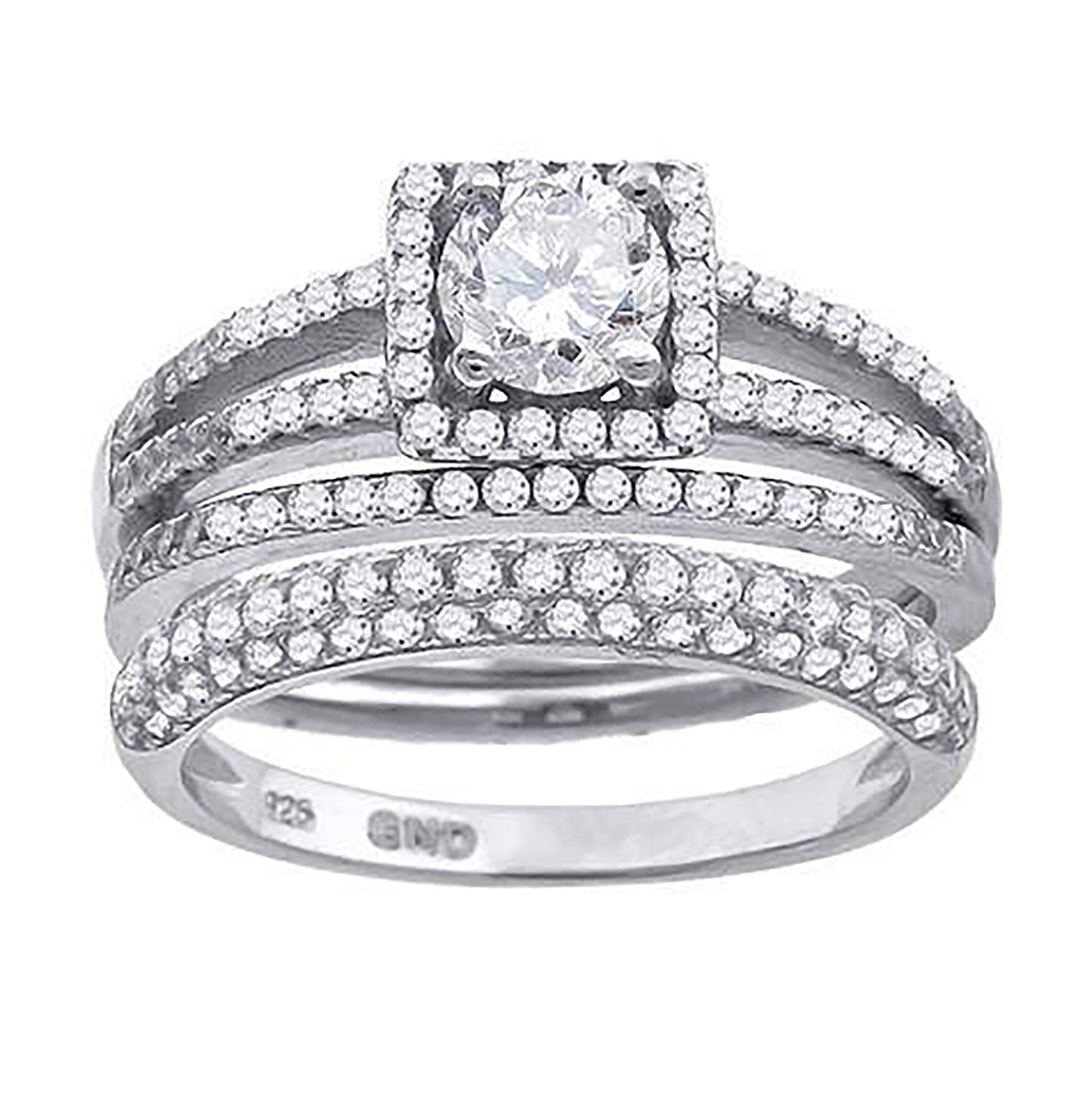 Sterling Silver Cubic Zirconia Trio Bridal Anniversary Wedding Engagement Band Ring Set
