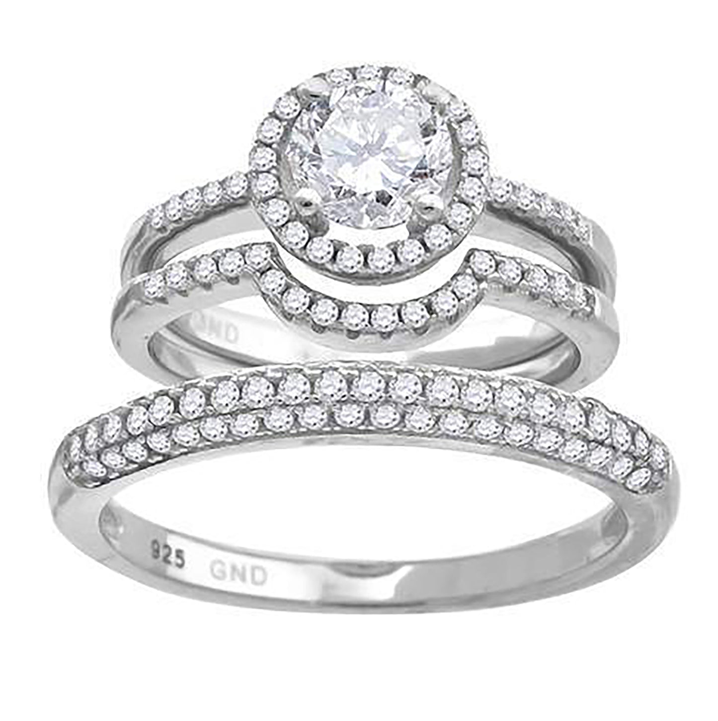 Sterling Silver Cubic Zirconia Halo Trio Bridal Anniversary Wedding Engagement Band Ring Set