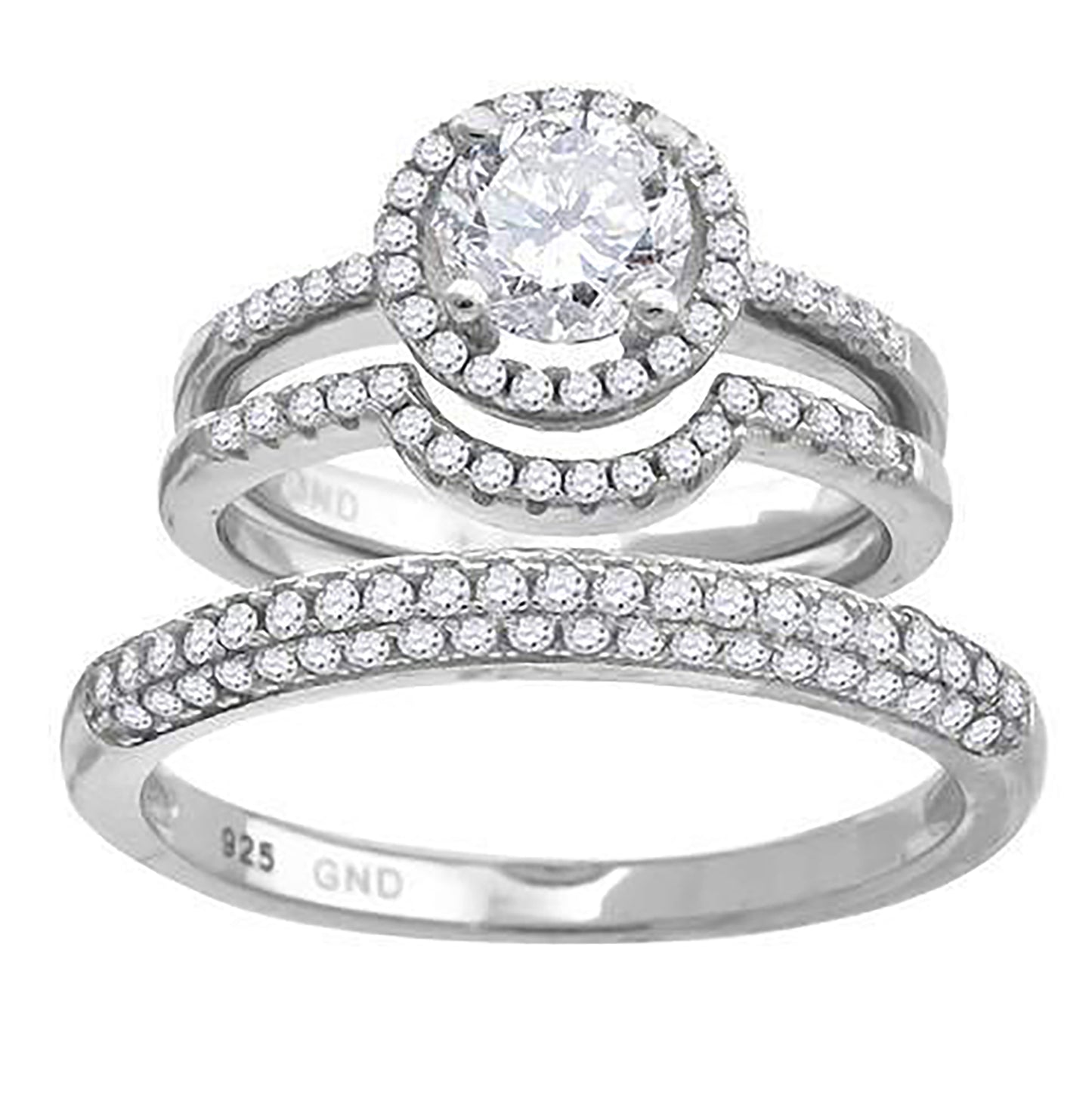 Sterling Silver Cubic Zirconia Halo Trio Bridal Anniversary Wedding Engagement Band Ring Set