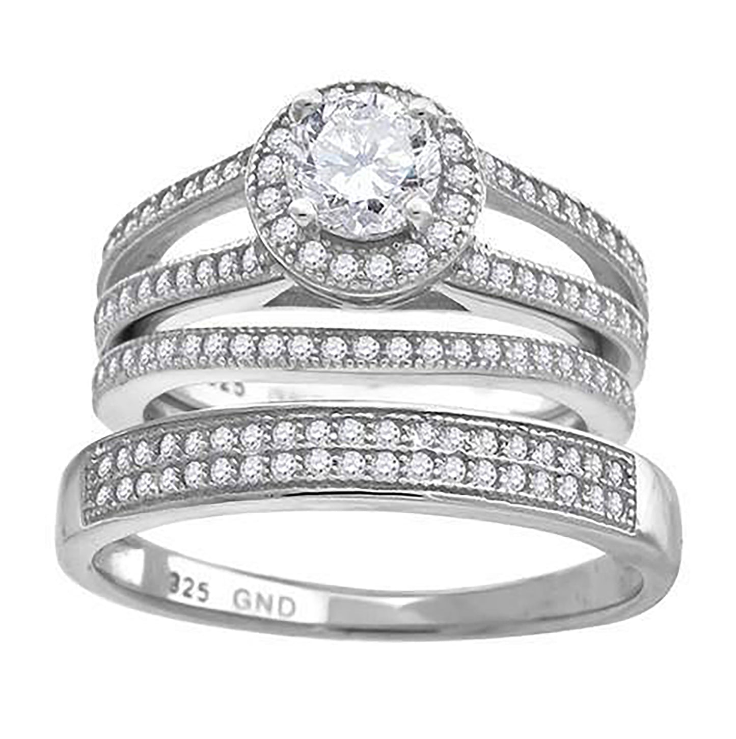 Sterling Silver Cubic Zirconia Halo Trio Bridal Anniversary Wedding Engagement Band Ring Set