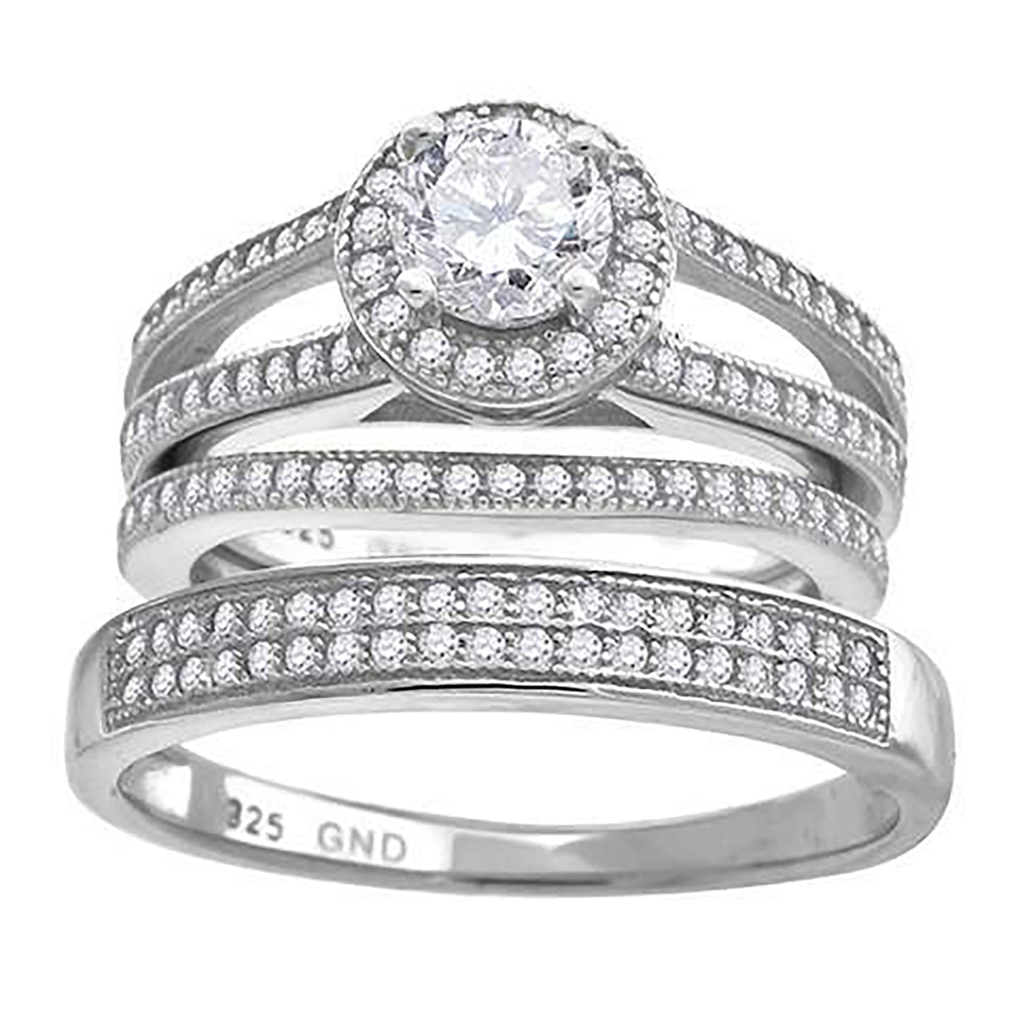 Sterling Silver Cubic Zirconia Halo Trio Bridal Anniversary Wedding Engagement Band Ring Set