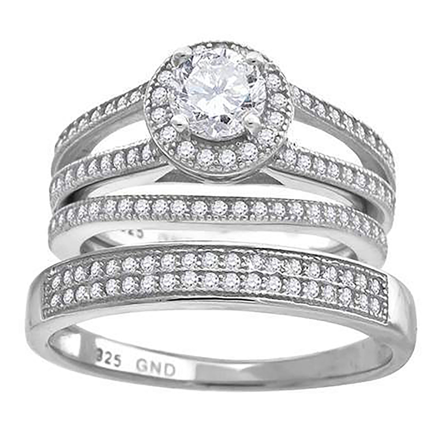 Sterling Silver Cubic Zirconia Halo Trio Bridal Anniversary Wedding Engagement Band Ring Set