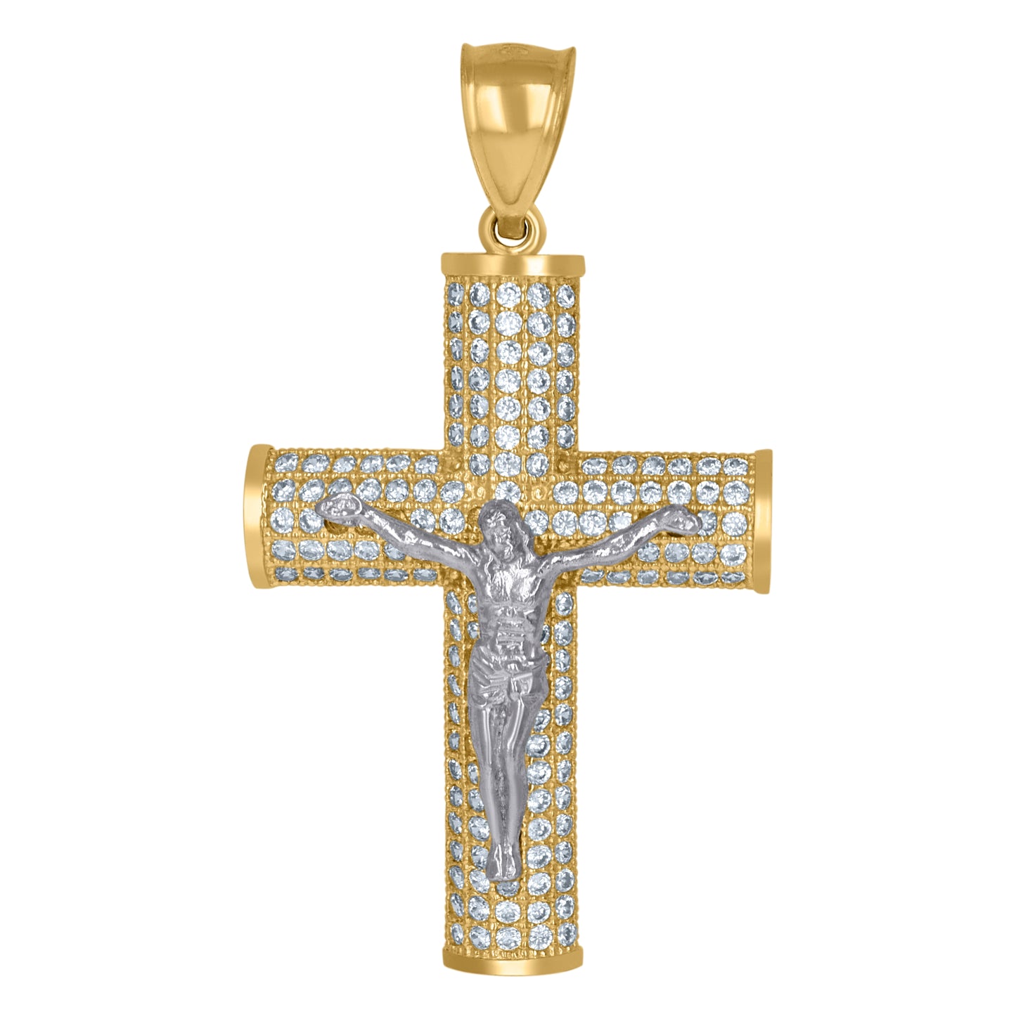 10K Gold Two-Tone Cubic-Zirconia Mens Cross Crucifix Religious Charm Pendant