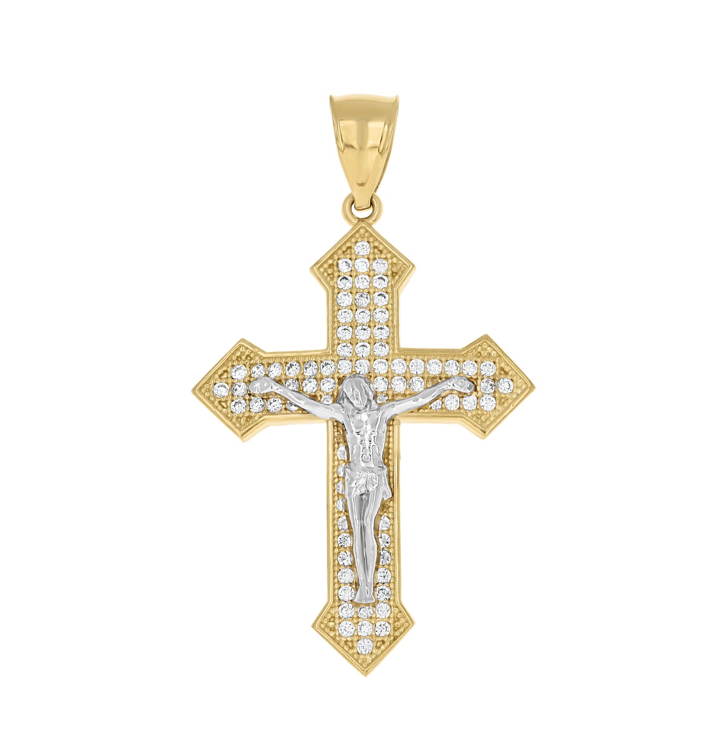 10K Gold Two-Tone Cubic-Zirconia Mens Cross Crucifix Religious Charm Pendant