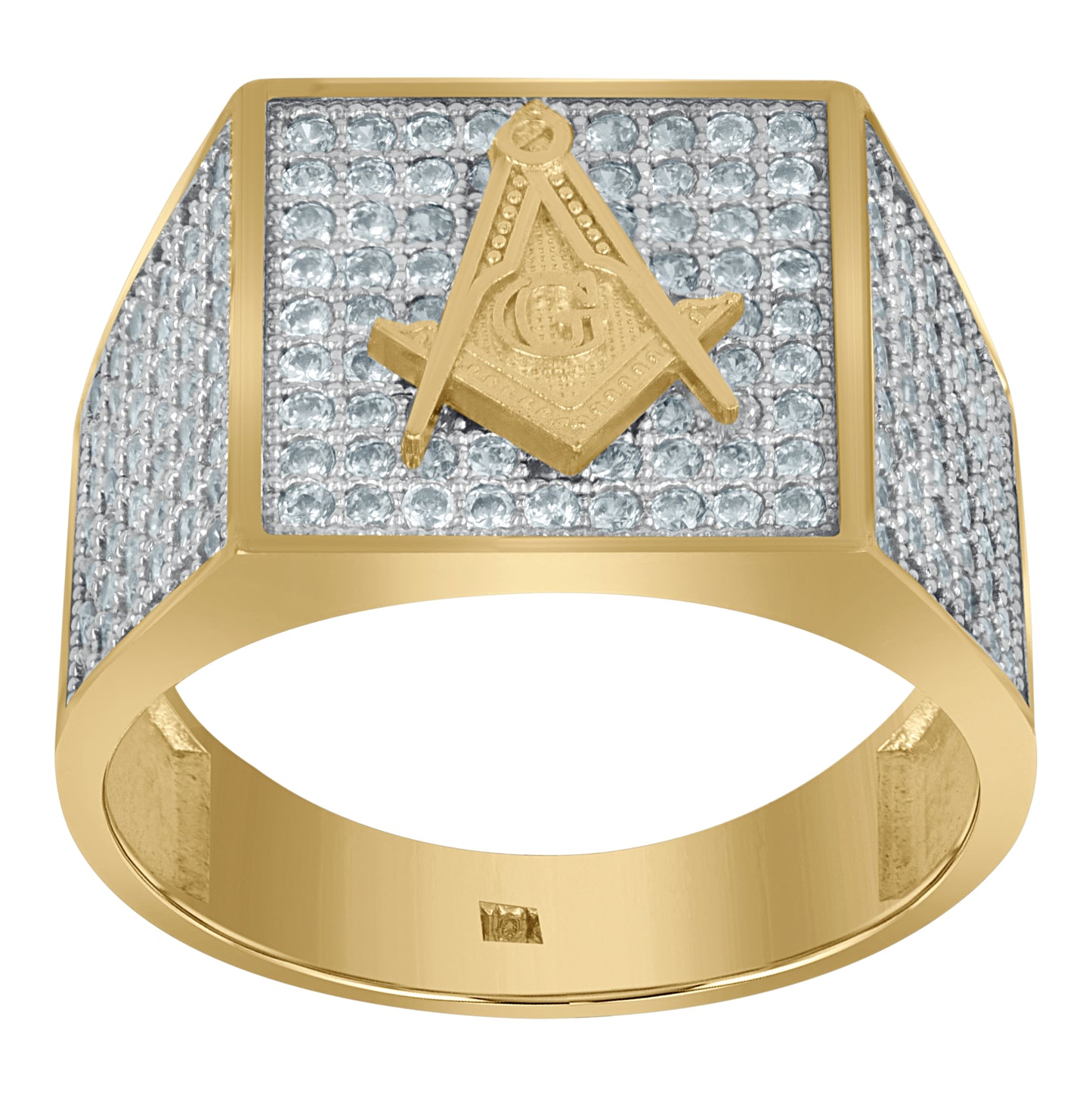 10K Two-Tone Gold Mens Cubic Zirconia Masonic Symbol Religious Square Ring