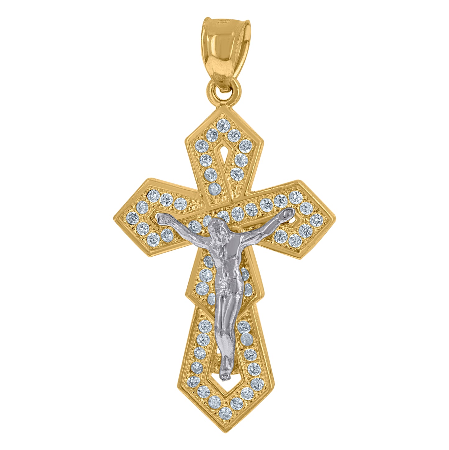 10K Two-tone Gold Mens Cubic-Zirconia Crucifix Cross Religious Charm Pendant