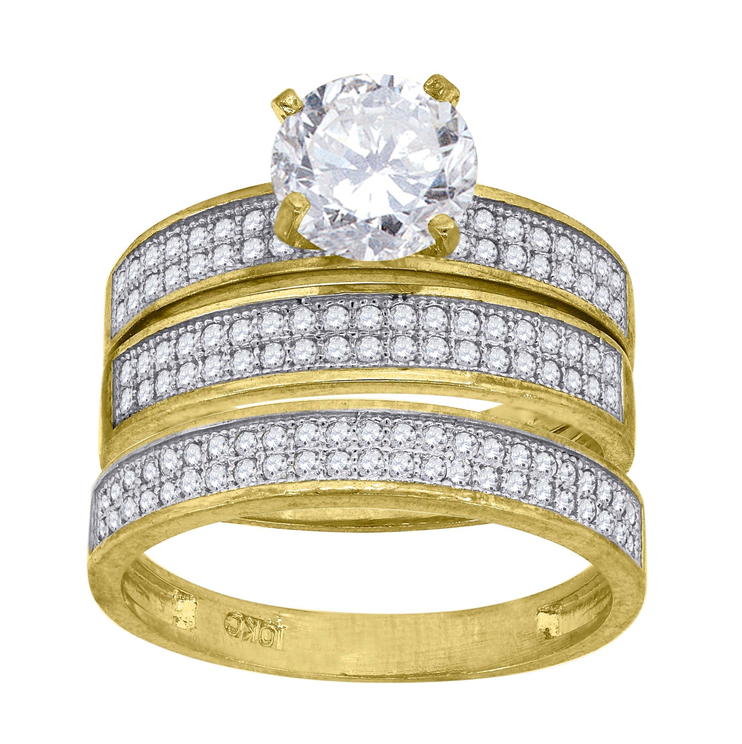 10K Two-Tone Gold Womens Round Cubic Zirconia Double Row Trio Ring Set