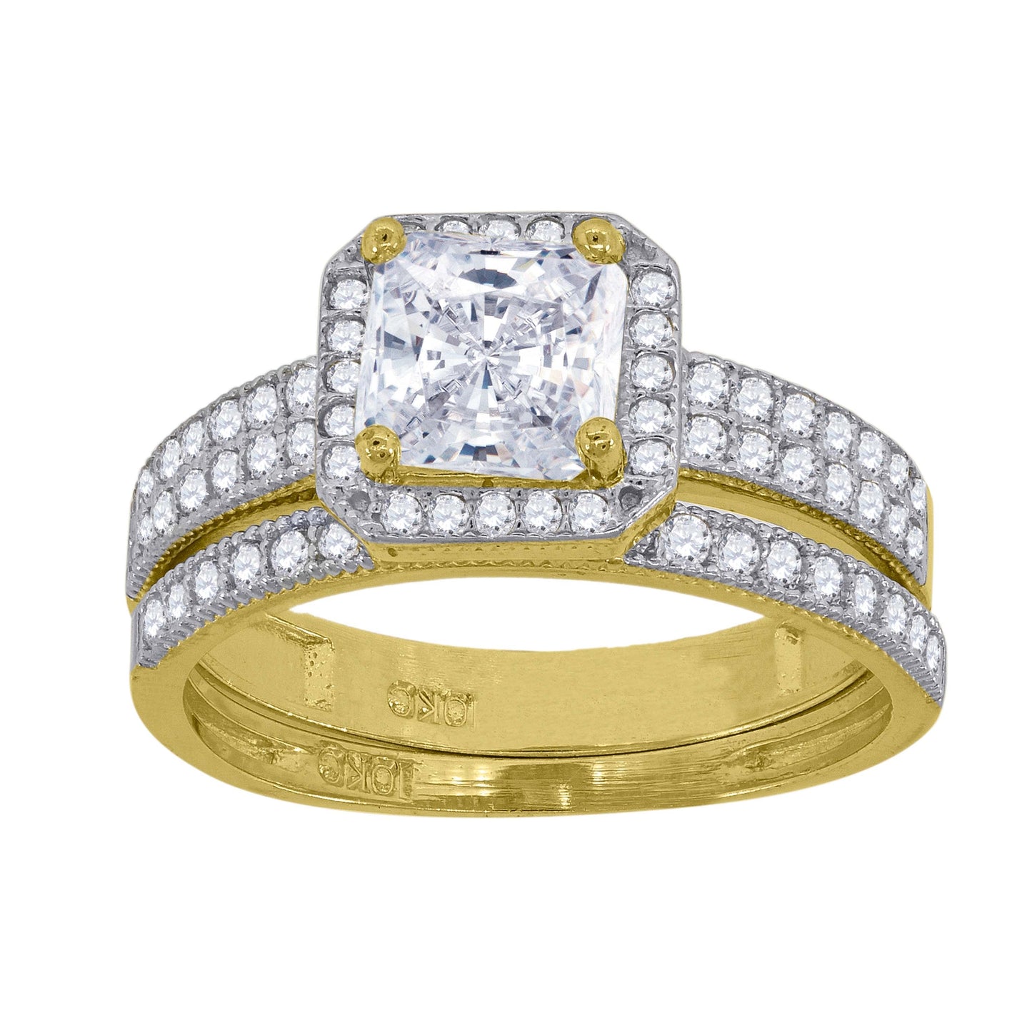 10K Two-Tone Gold Womens Princess-Cut Cubic Zirconia Halo Bridal Ring Set
